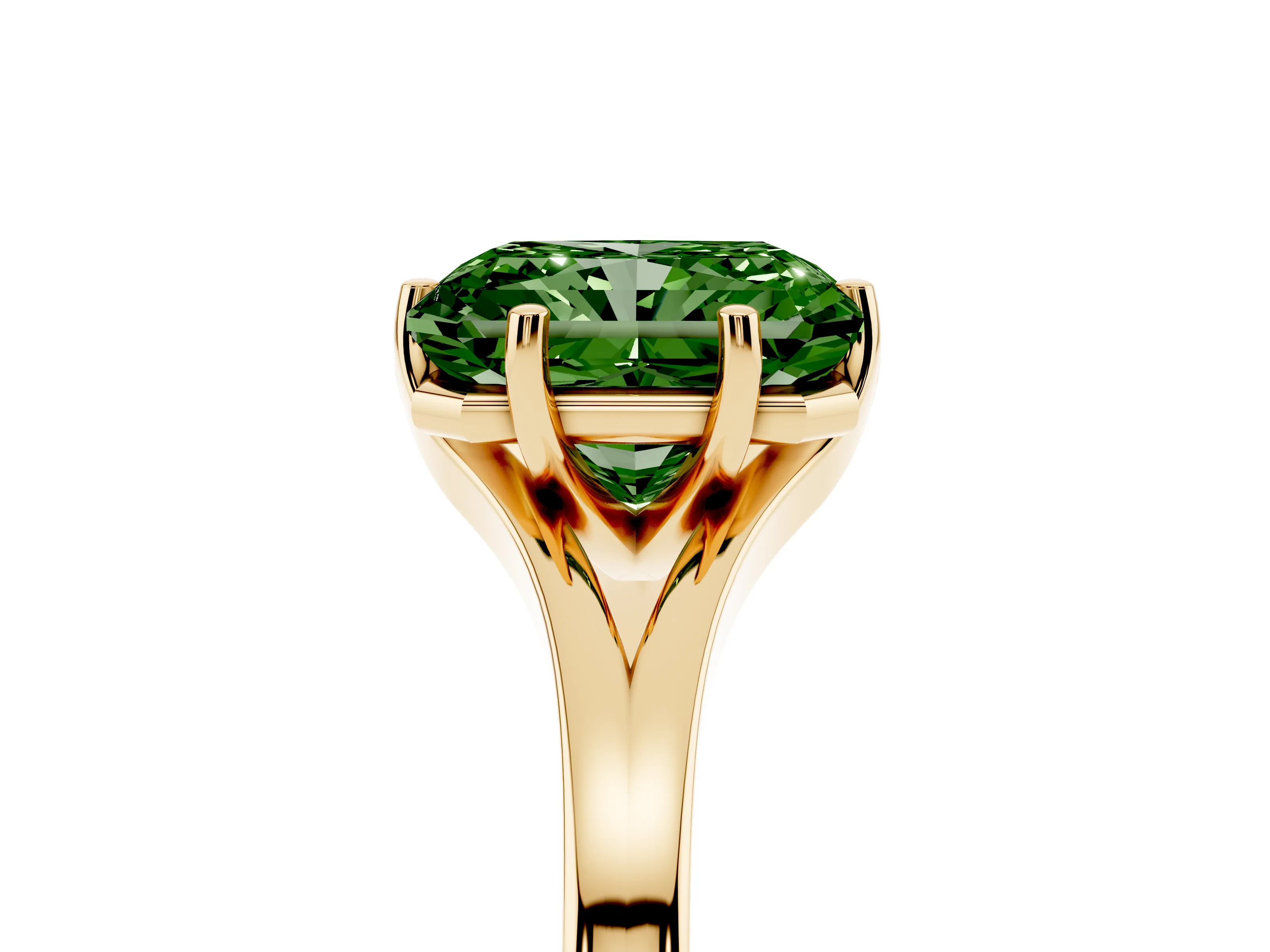Fancy Green Radiant Cut Diamond Solitaire Ring Set in Yellow gold with Polished Tapered Band and Prong Setting