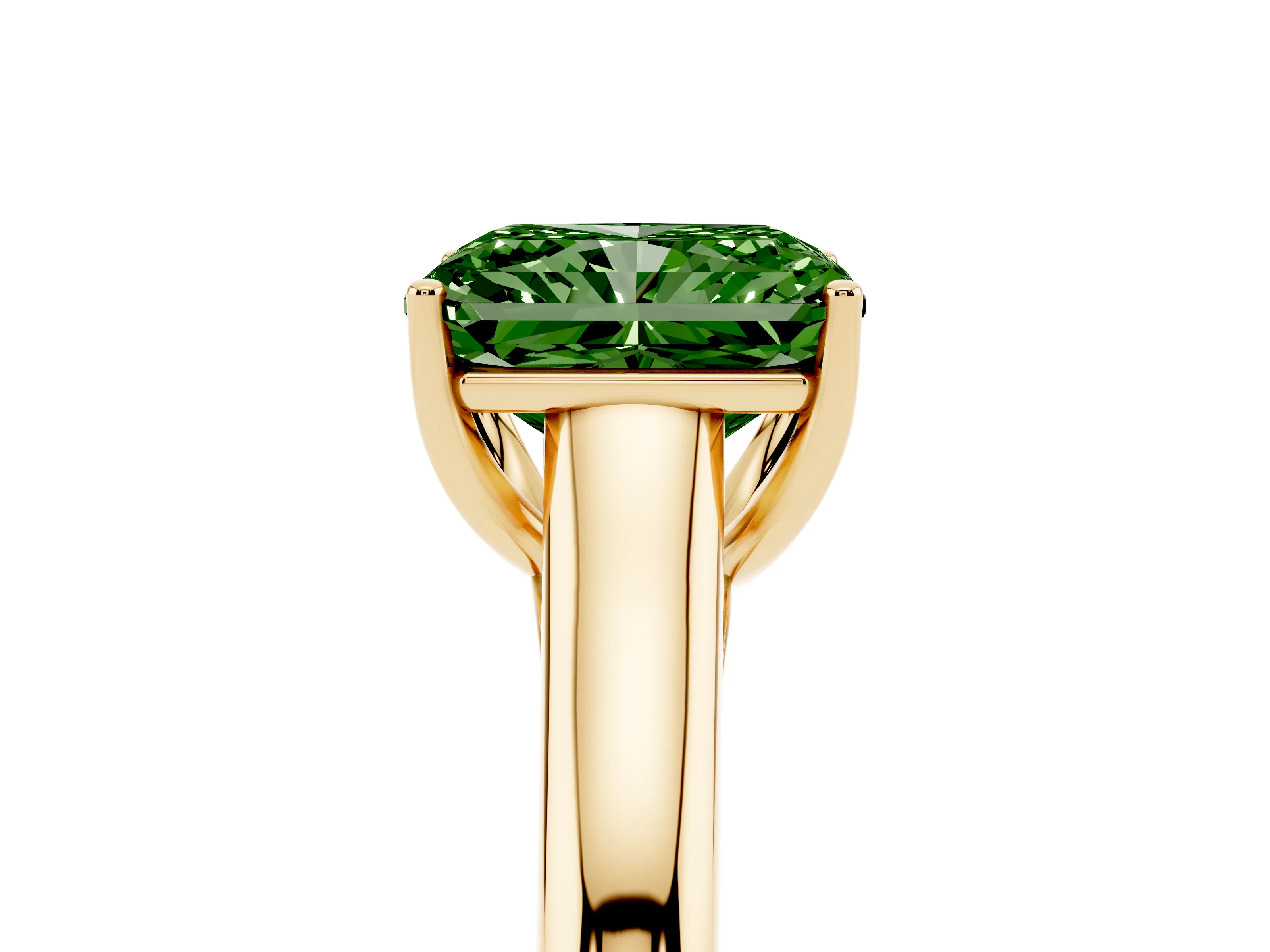 Fancy Green Radiant Cut Diamond Solitaire Engagement Ring Set in Yellow gold with Subtly Tapered Band and Prong Setting