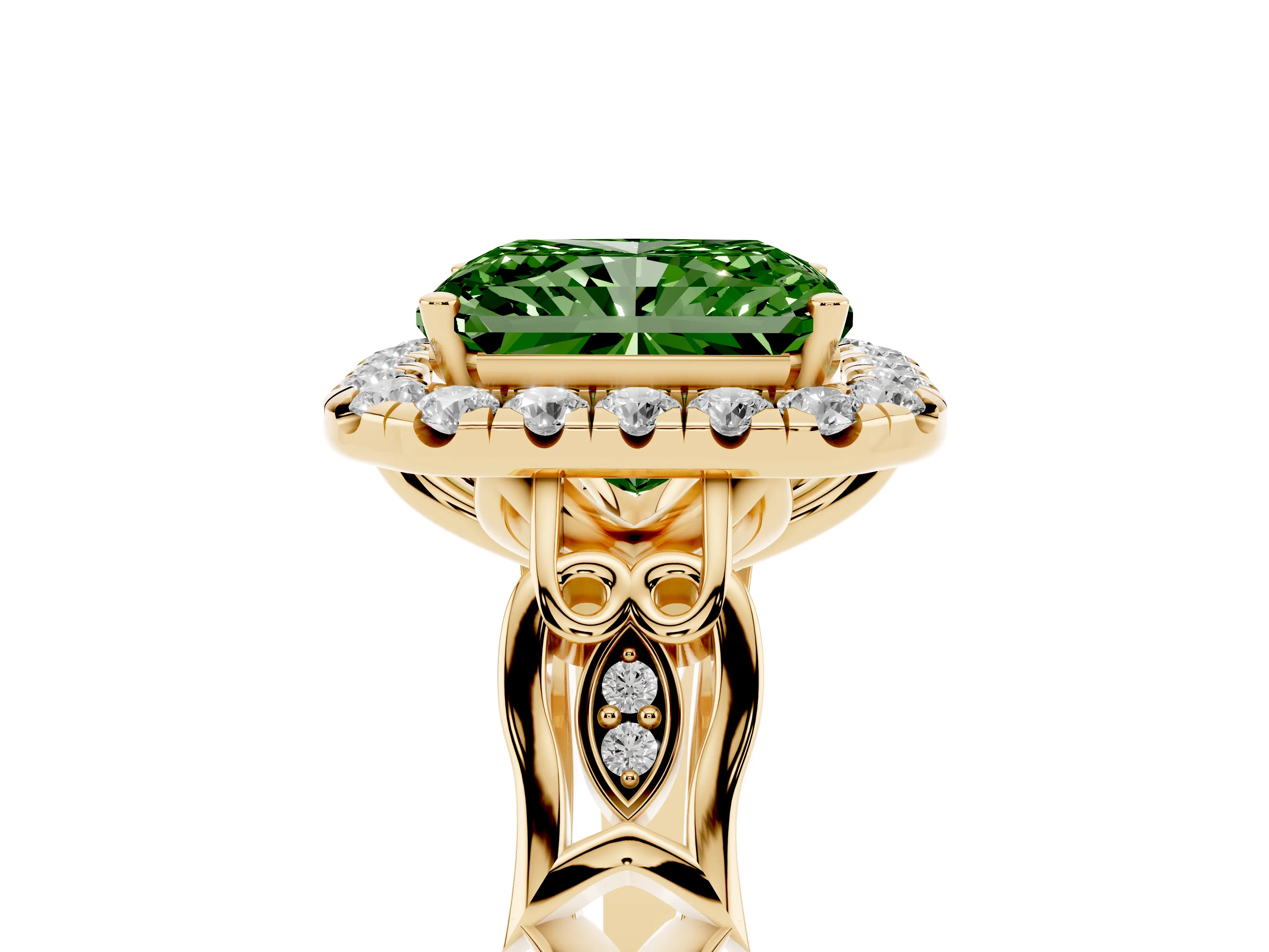 Fancy Green Radiant Cut Diamond Halo Engagement Ring Set in Yellow gold with Filigree Band and Prong-Set Center