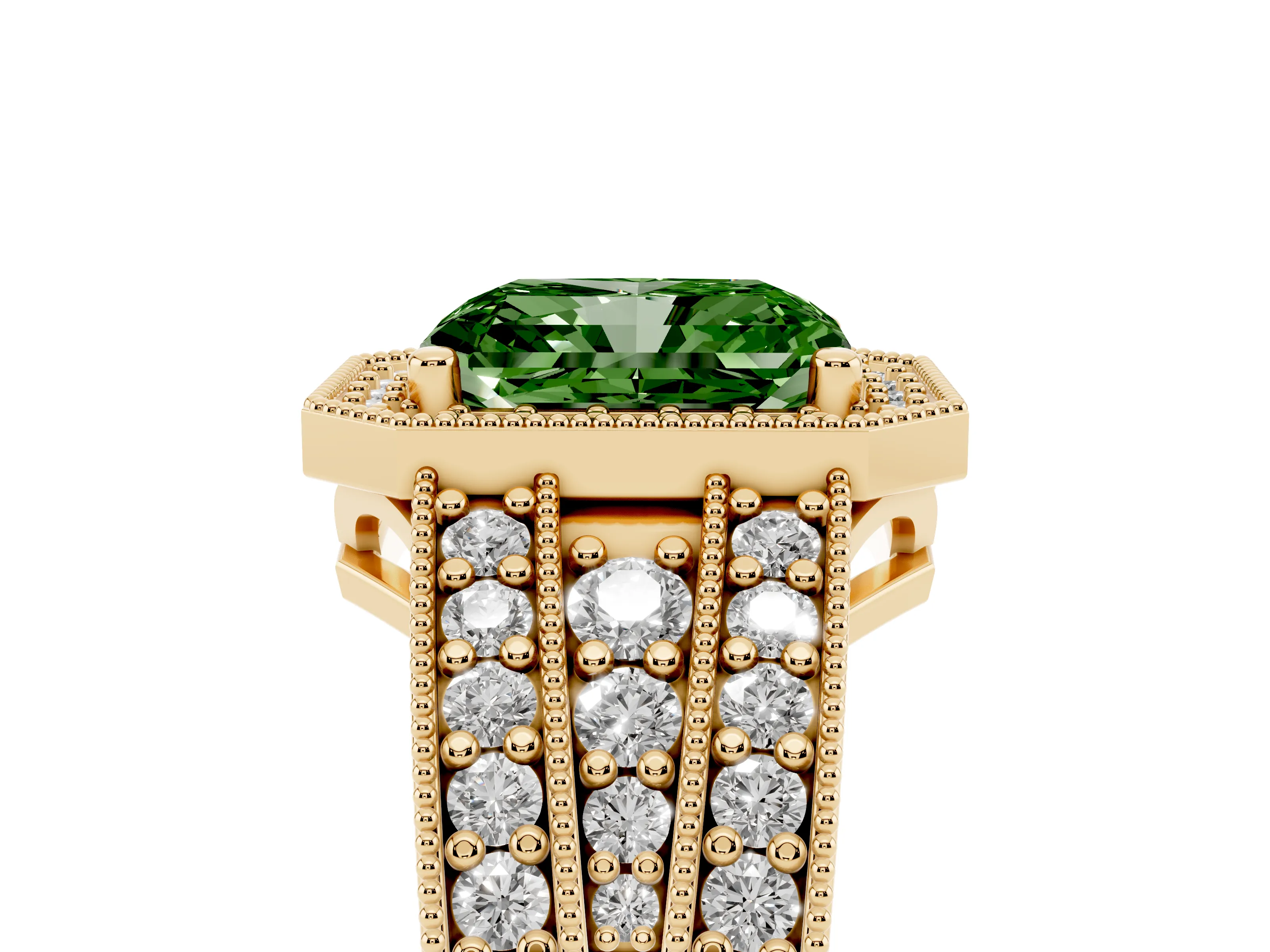 Fancy Green Radiant Cut Diamond Halo Ring Set in Yellow gold with Accent Split Shank and Prong Setting