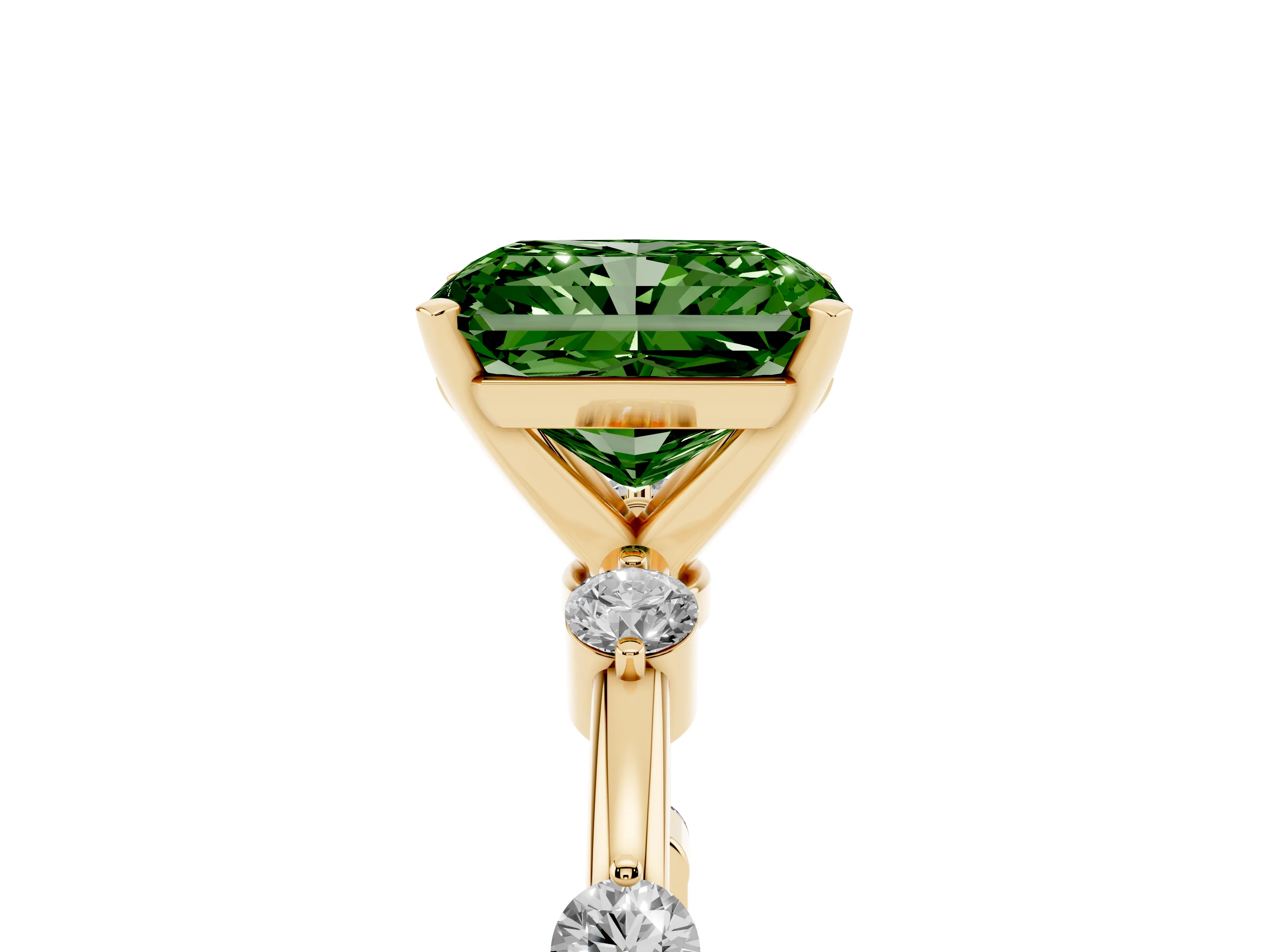 Fancy Green Radiant Cut Diamond Solitaire Ring Set in Yellow gold with Bezel Set Side Stones and Prong Setting
