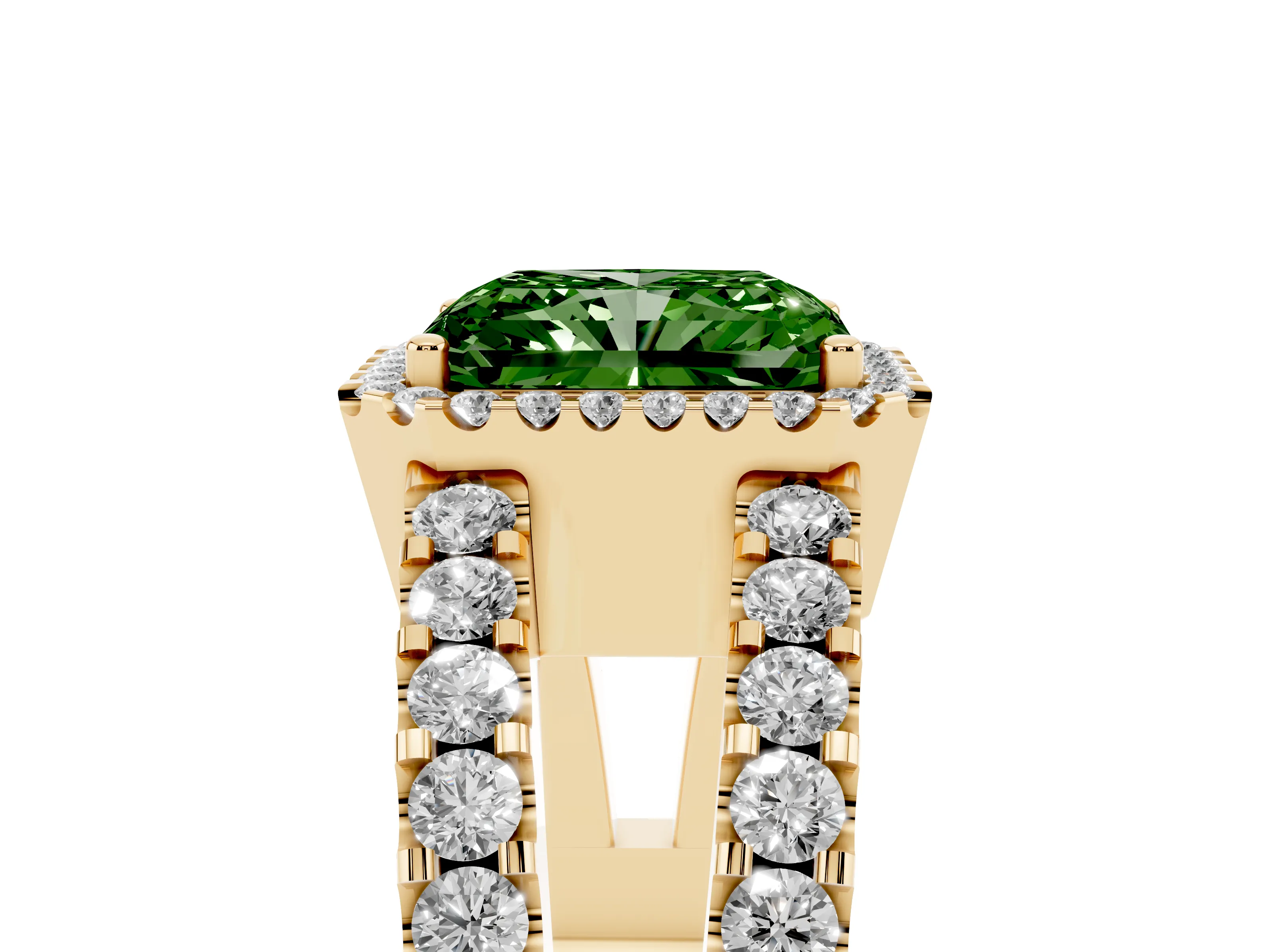 Fancy Green Radiant Cut Diamond Halo Ring Set in Yellow gold with Pavé Split Shank and Prong Setting