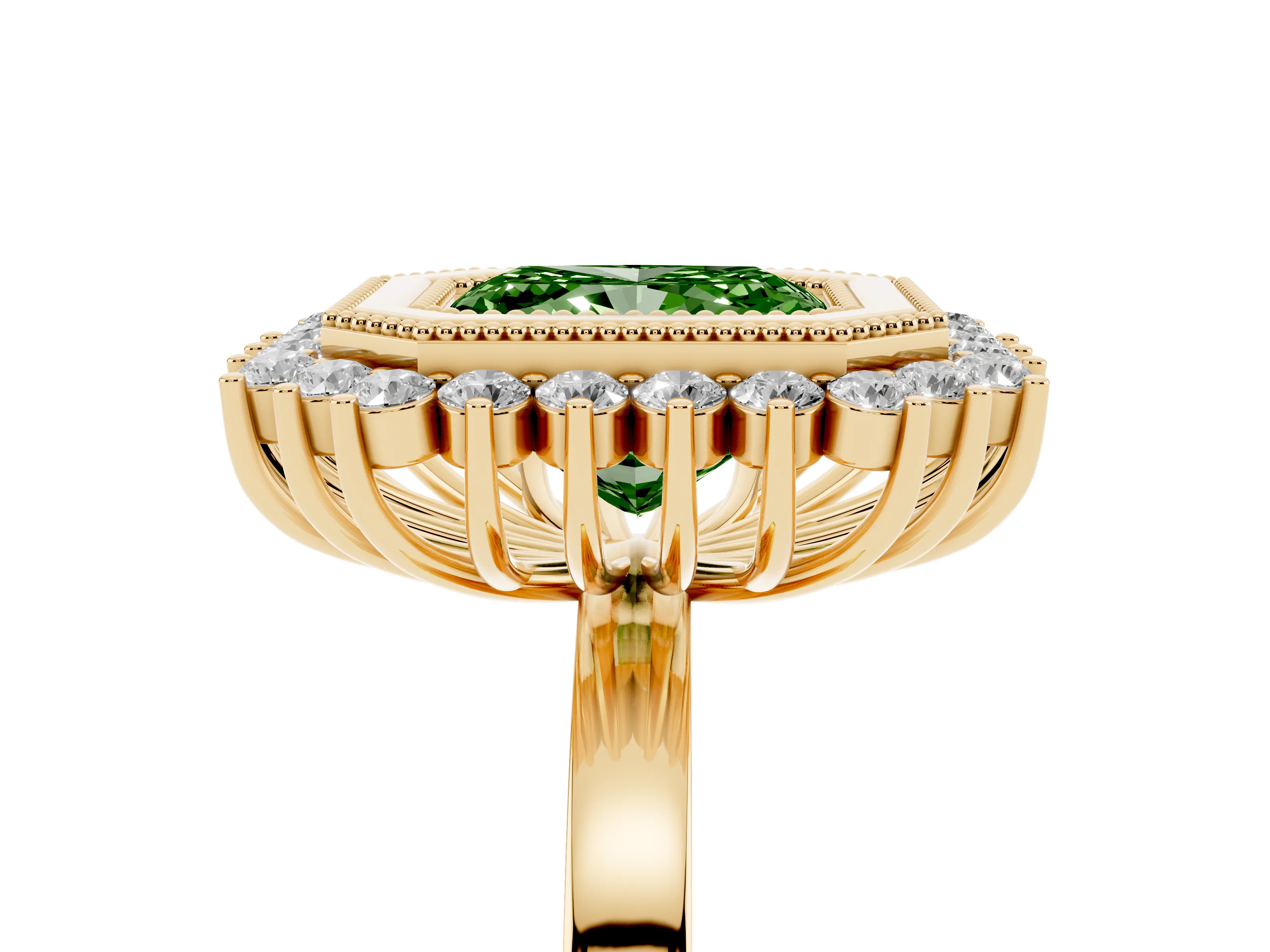 Fancy Green Radiant Cut Diamond Halo Ring Set in Yellow gold with Milgrain Edge and Round Prong Setting
