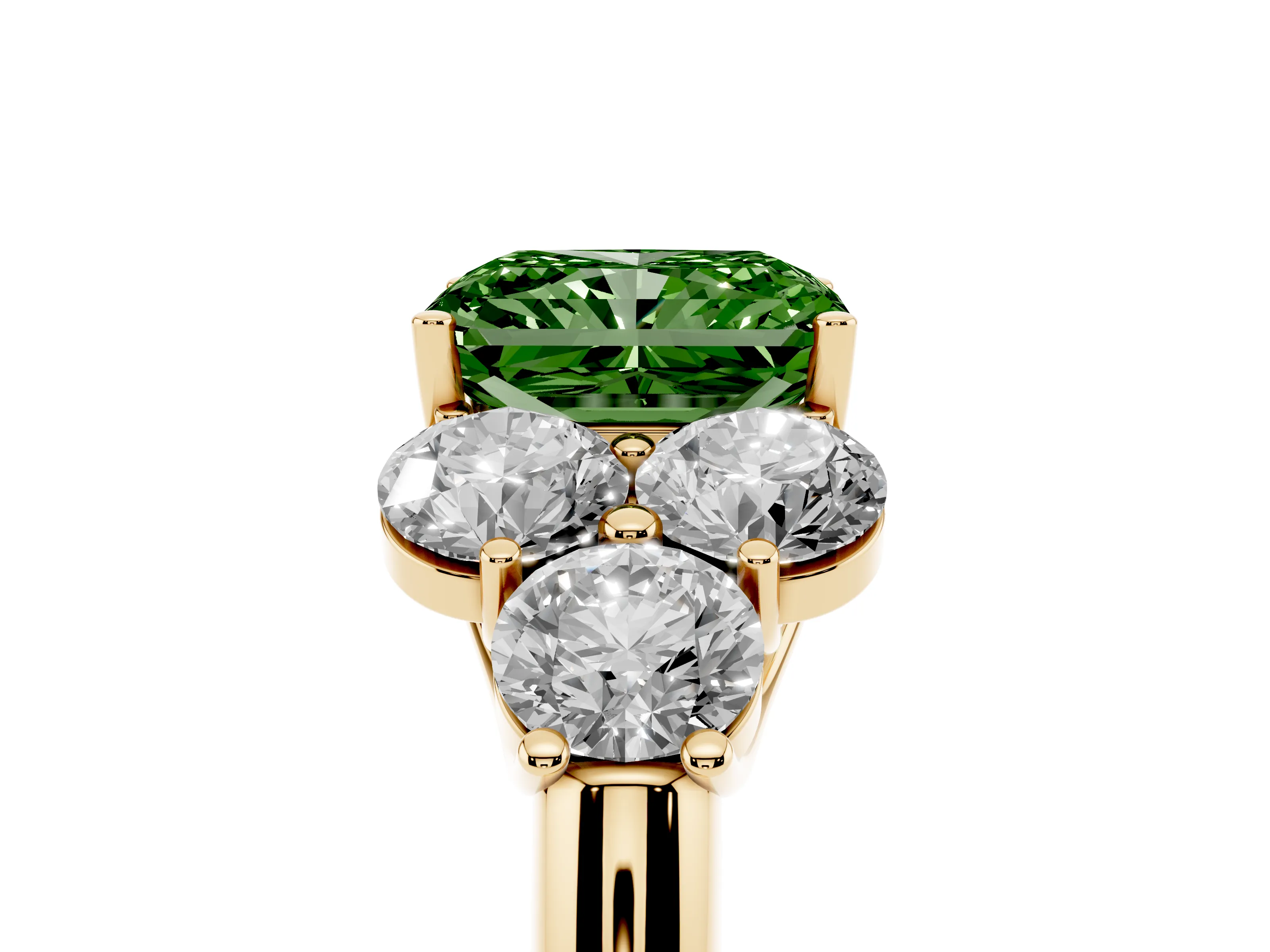 Fancy Green Radiant Cut Diamond Cluster Ring Set in Yellow gold with Round Accent Stones and Prong Setting on a Plain Band