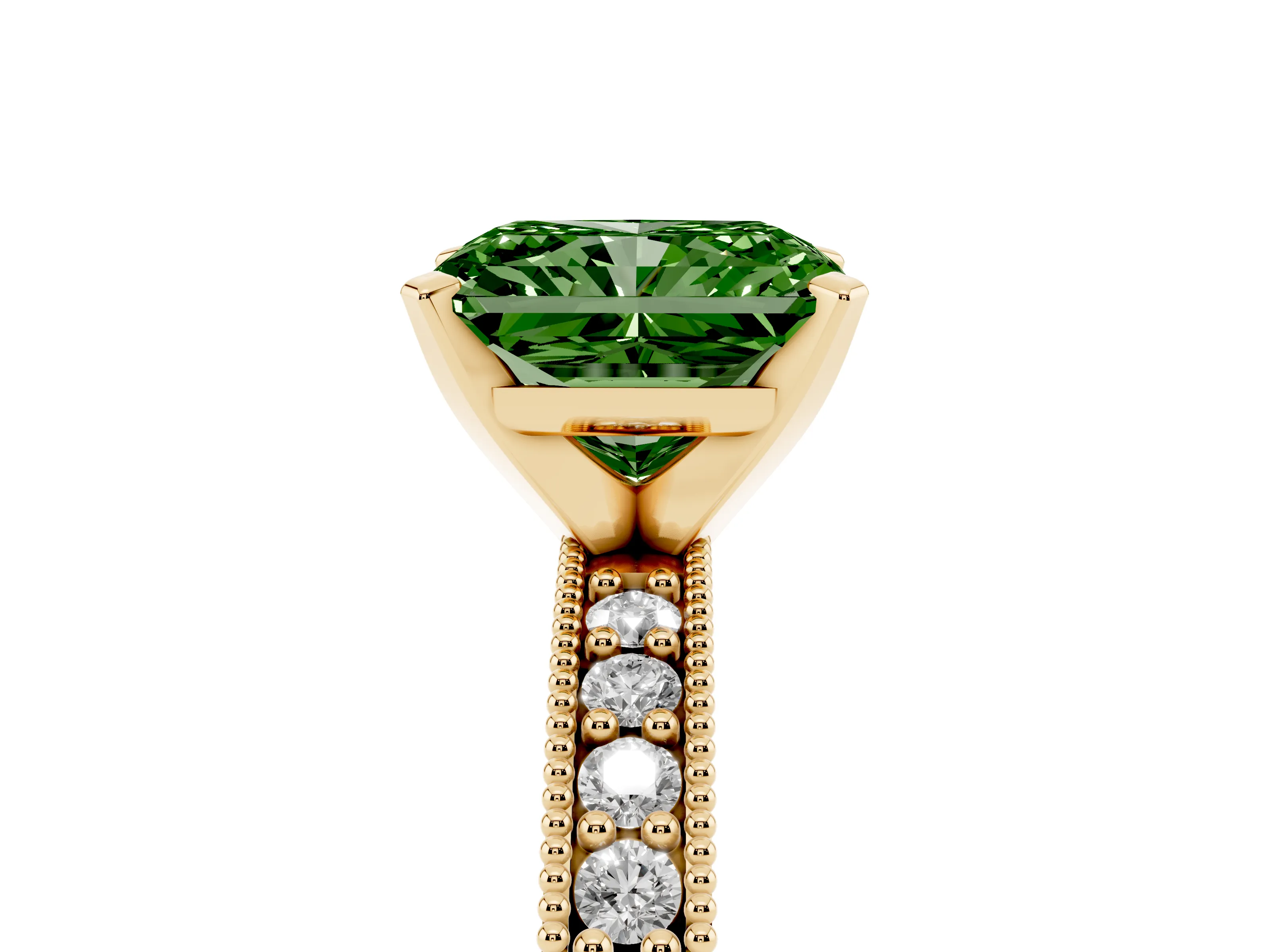 Fancy Green Radiant Cut Diamond Milgrain Pavé Engagement Ring Set in Yellow gold with Prong Setting