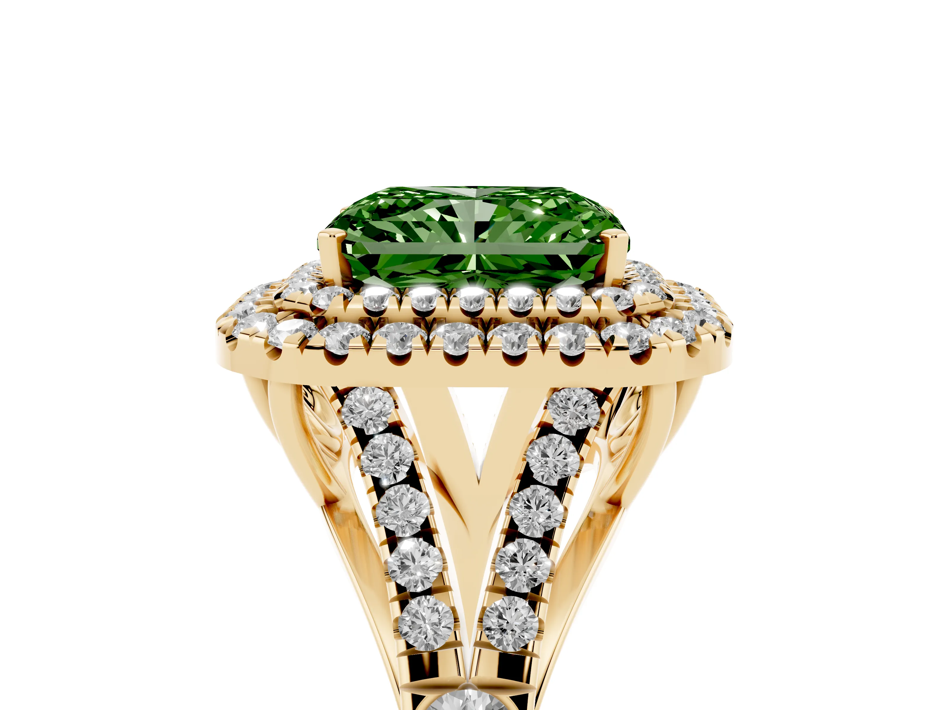 Fancy Green Radiant Cut Diamond Pavé Split Shank Double Halo Engagement Ring Set in Yellow gold