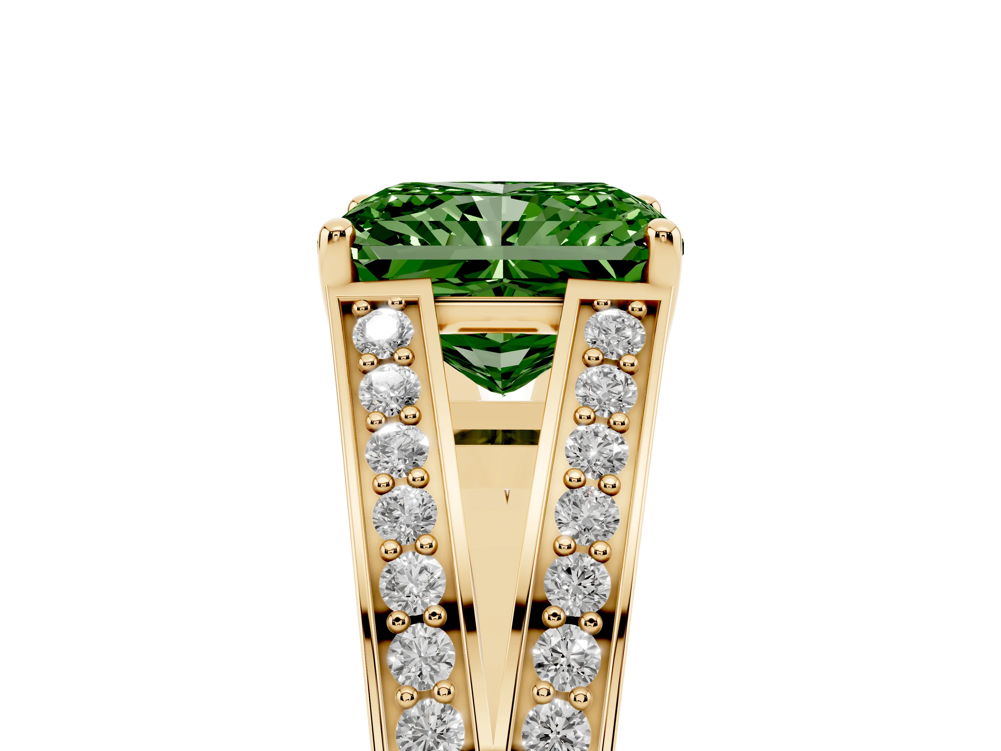 Fancy Green Radiant Cut Diamond Split Shank Ring Set in Yellow gold with Pavé Band and Prong Setting