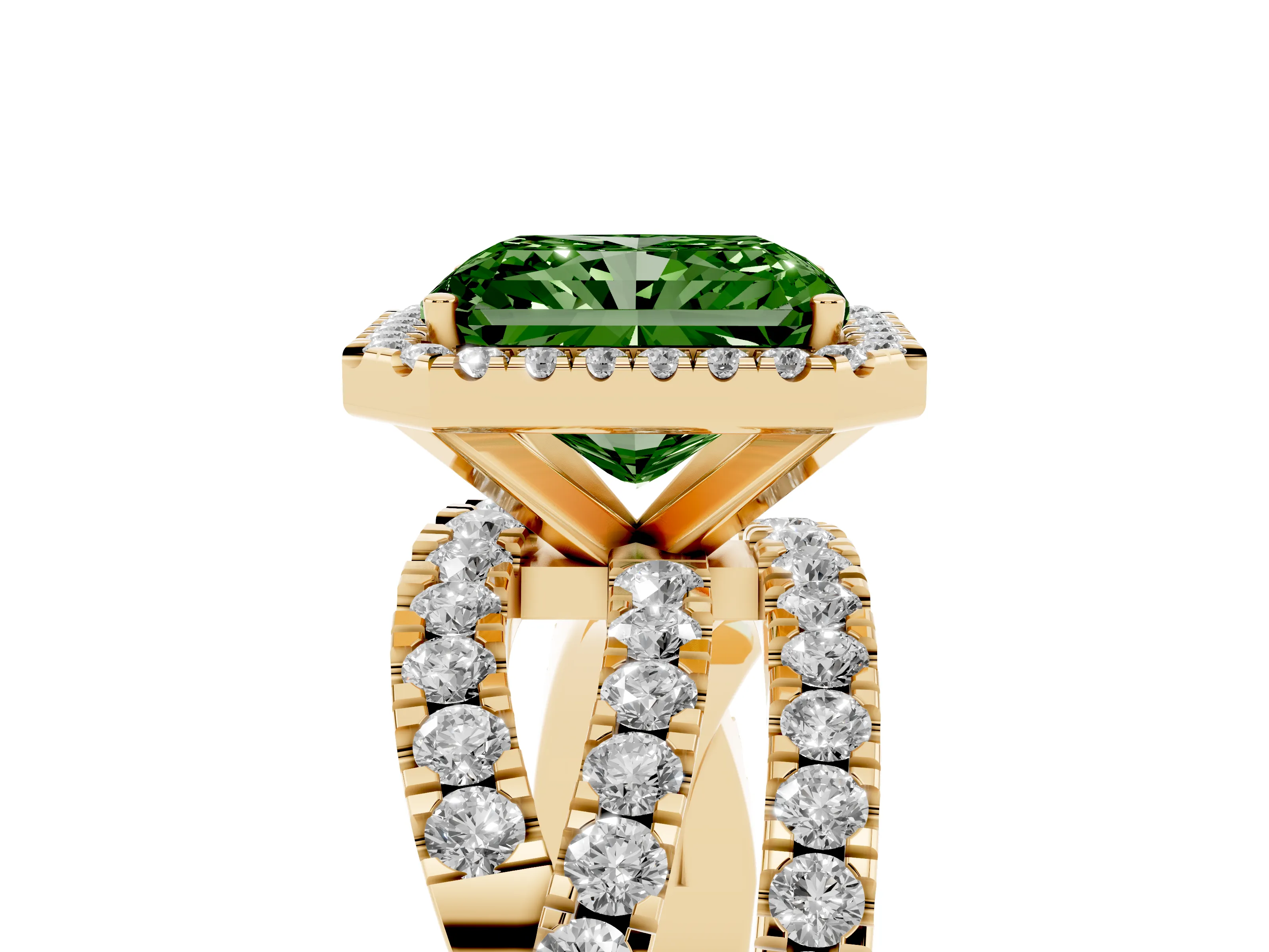 Fancy Green Radiant Cut Diamond Halo Ring Set in Yellow gold with Round Crossover Split Shank and Prong Setting