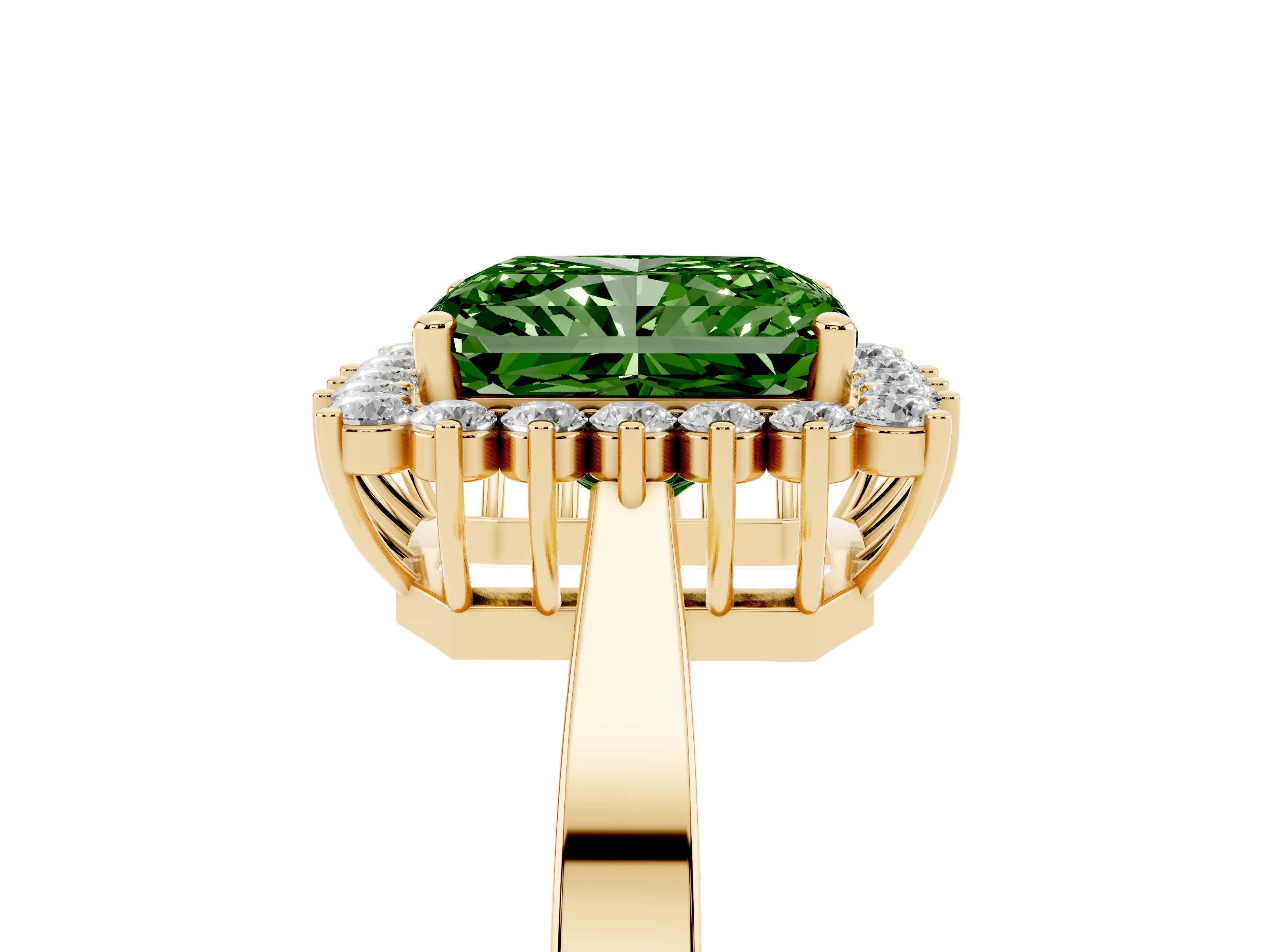 Fancy Green Radiant Cut Diamond Halo Ring Set in Yellow gold with Round Halo and Smooth Solitaire Band