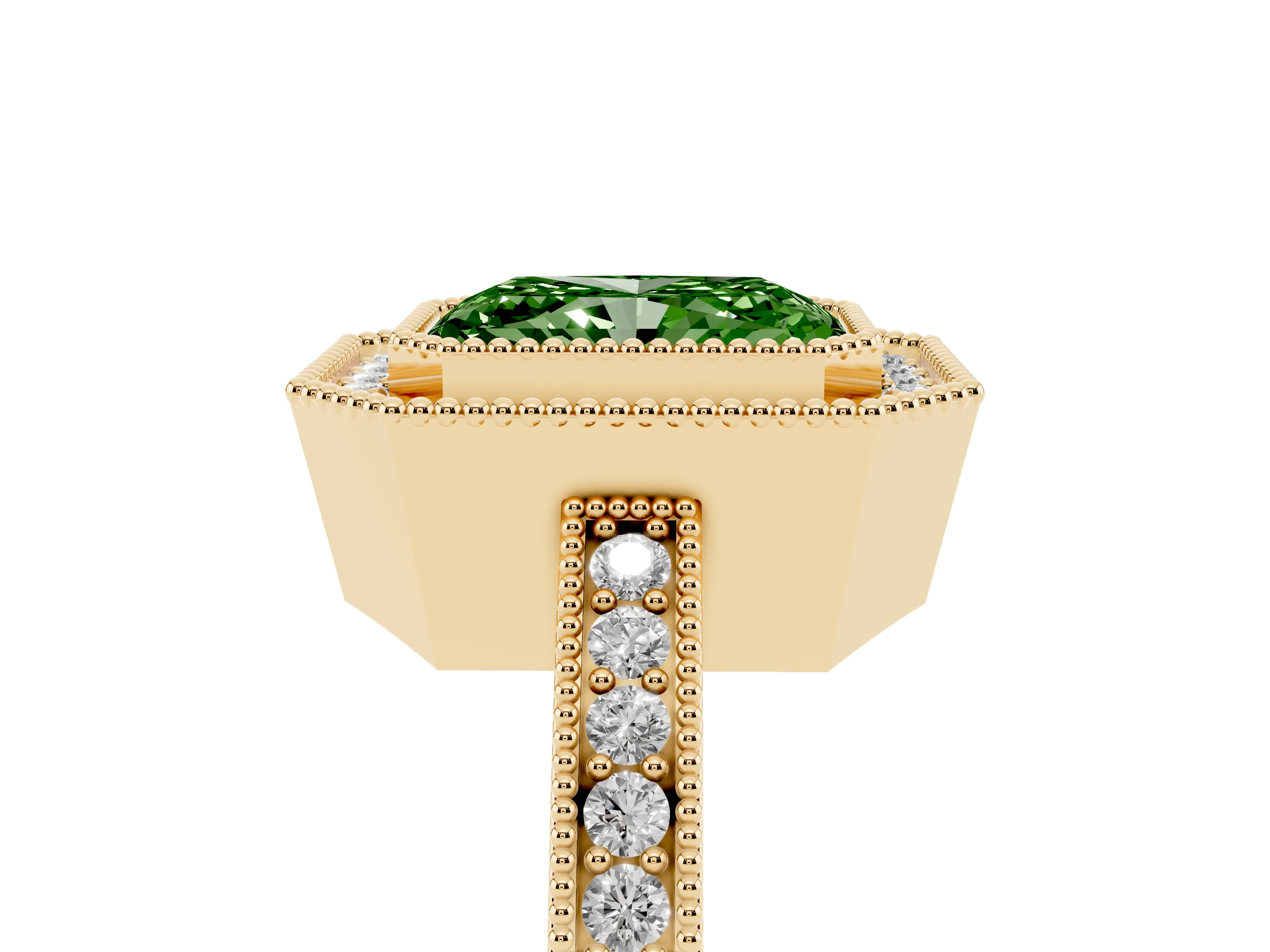 Fancy Green Radiant Cut Diamond Round Halo Ring Set in Yellow gold with Pavé Band