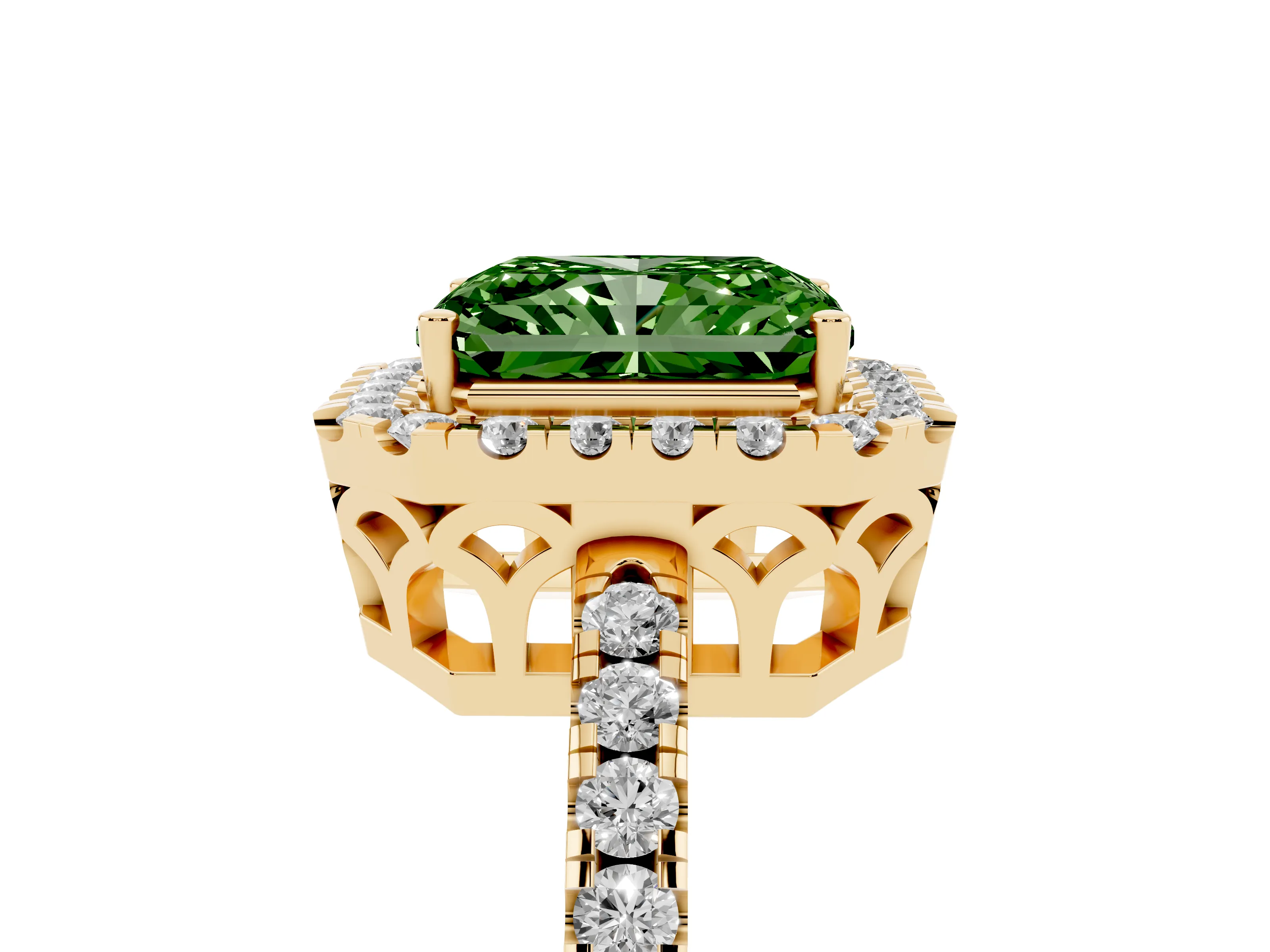 Fancy Green Radiant Cut Diamond Pavé Band Halo Engagement Ring Set in Yellow gold with Prong Setting