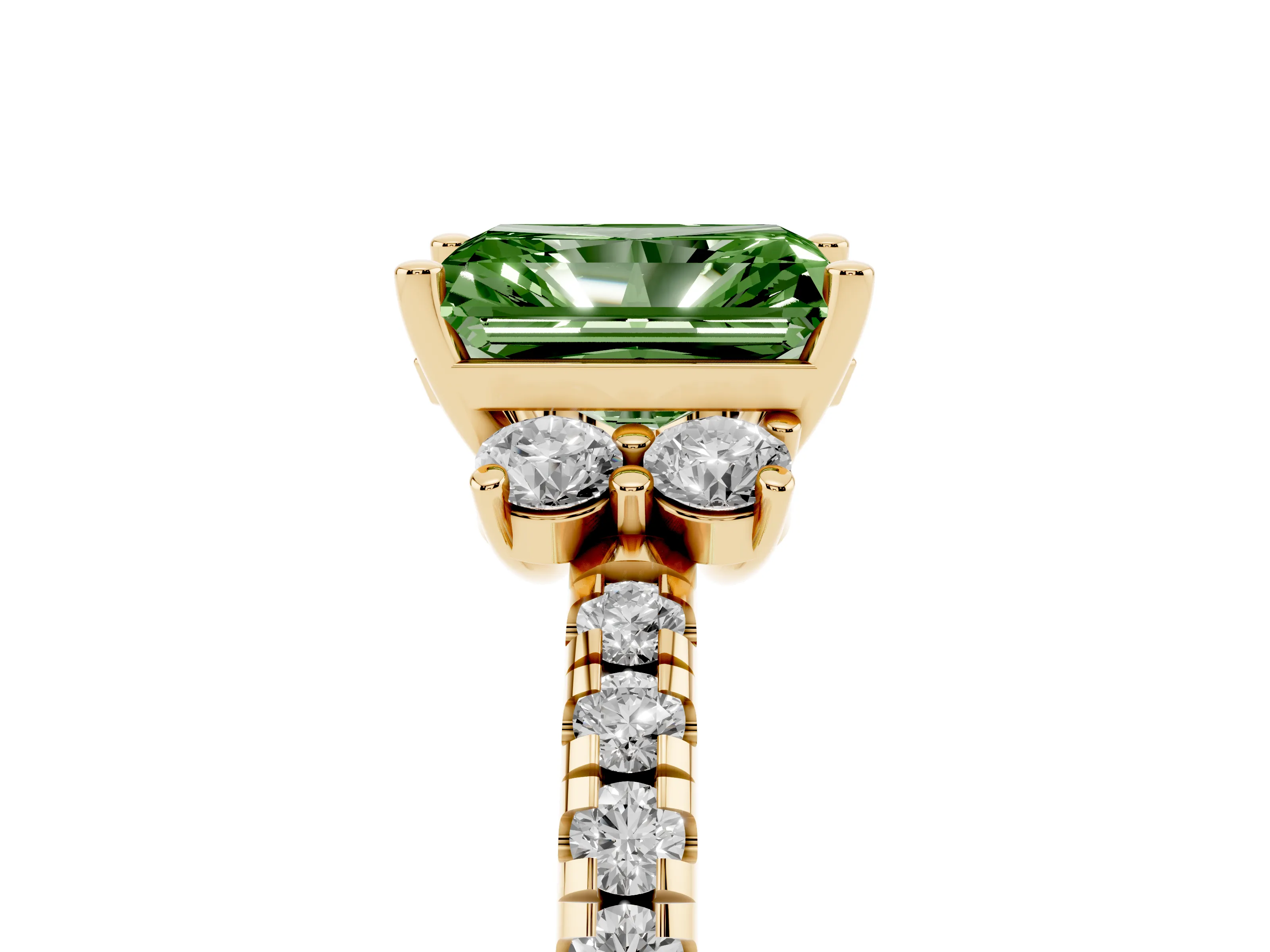 Fancy Green Radiant Cut Diamond Three-Stone Pavé Ring Set in Yellow gold with Prong Setting