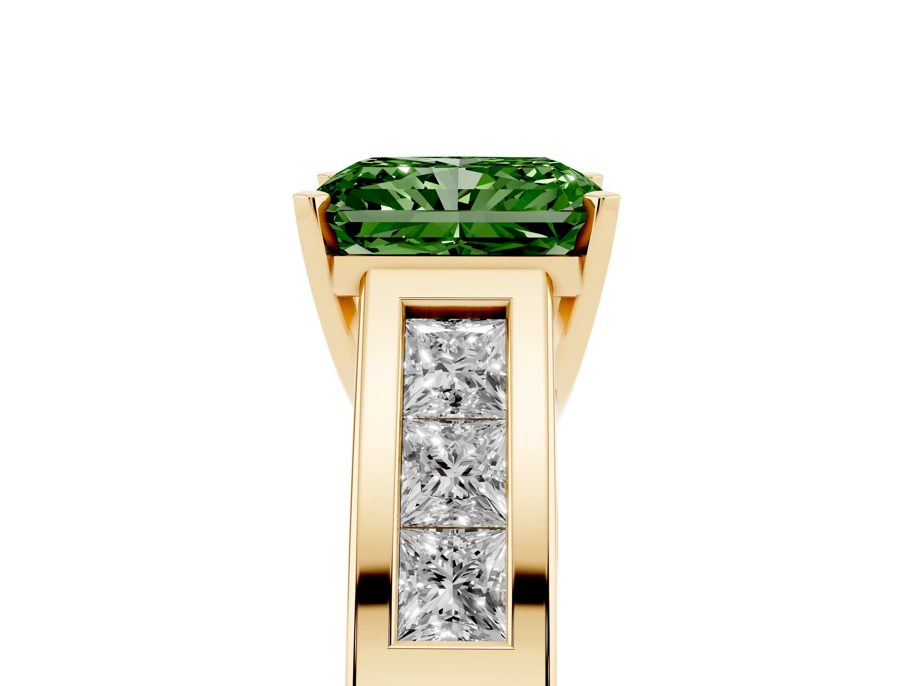 Fancy Green Radiant Cut Diamond Solitaire Ring Set in Yellow gold with Channel-Set Accent Stones and Prong Setting