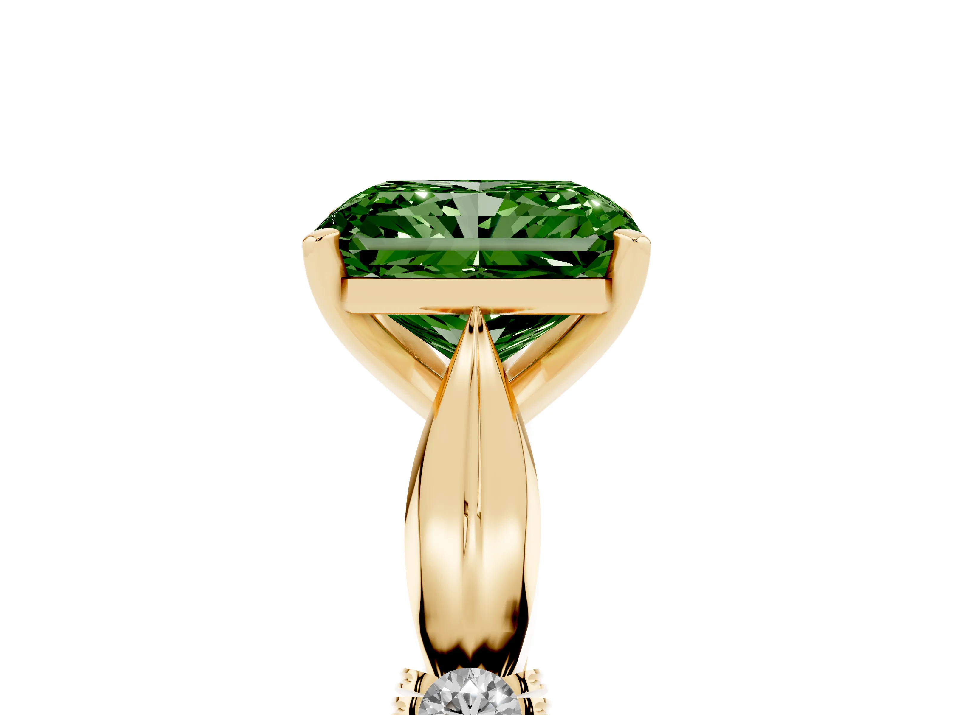 Fancy Green Radiant Cut Diamond Solitaire Twisted Band Ring Set in Yellow gold with Accent Stones and Prong Setting