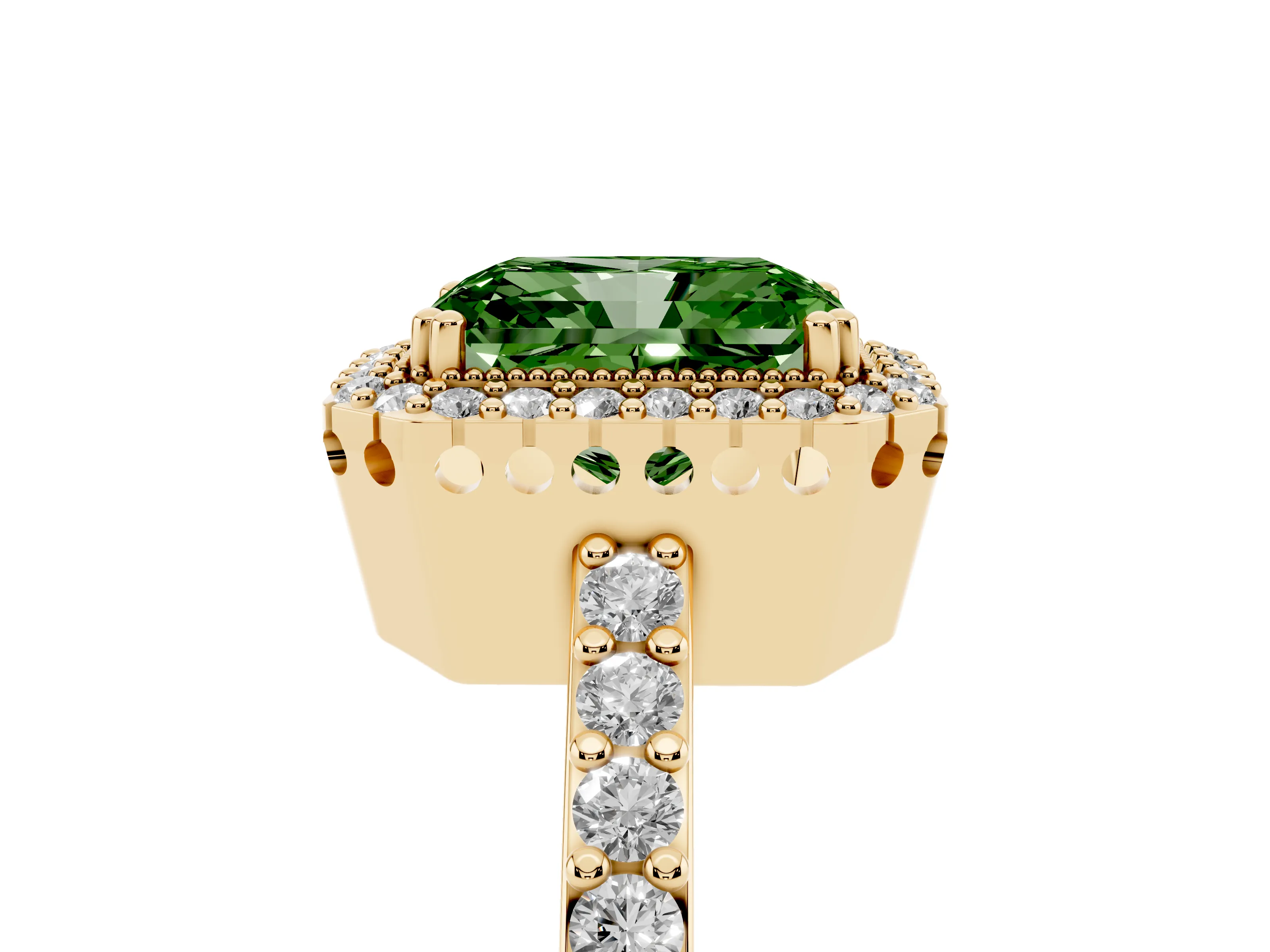 Fancy Green Radiant Cut Diamond Halo Engagement Ring Set in Yellow gold with Milgrain Detail and Pavé Band