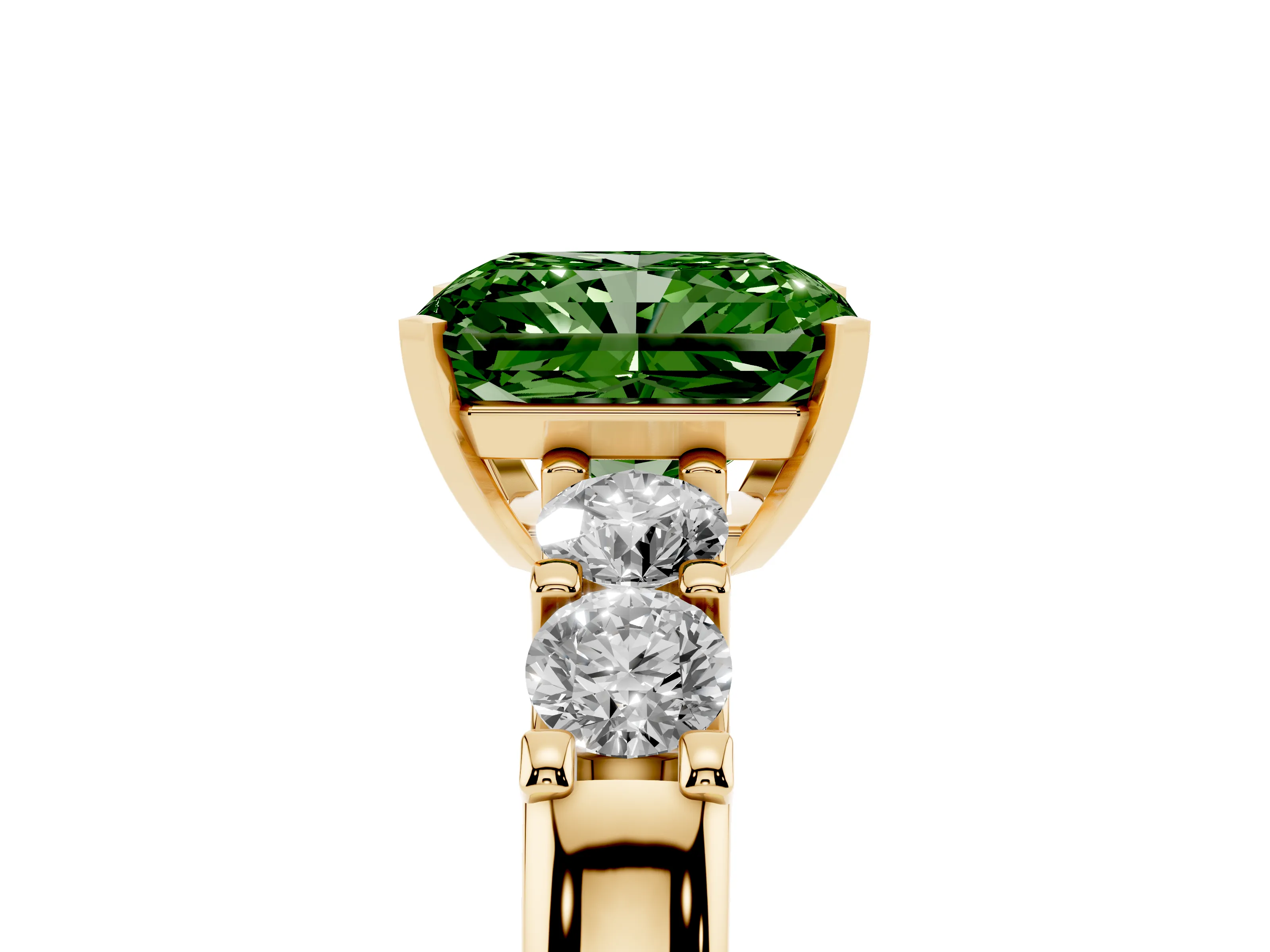 Fancy Green Radiant Cut Diamond Five-Stone Prong Set Engagement Ring Set in Yellow gold with Channel Band