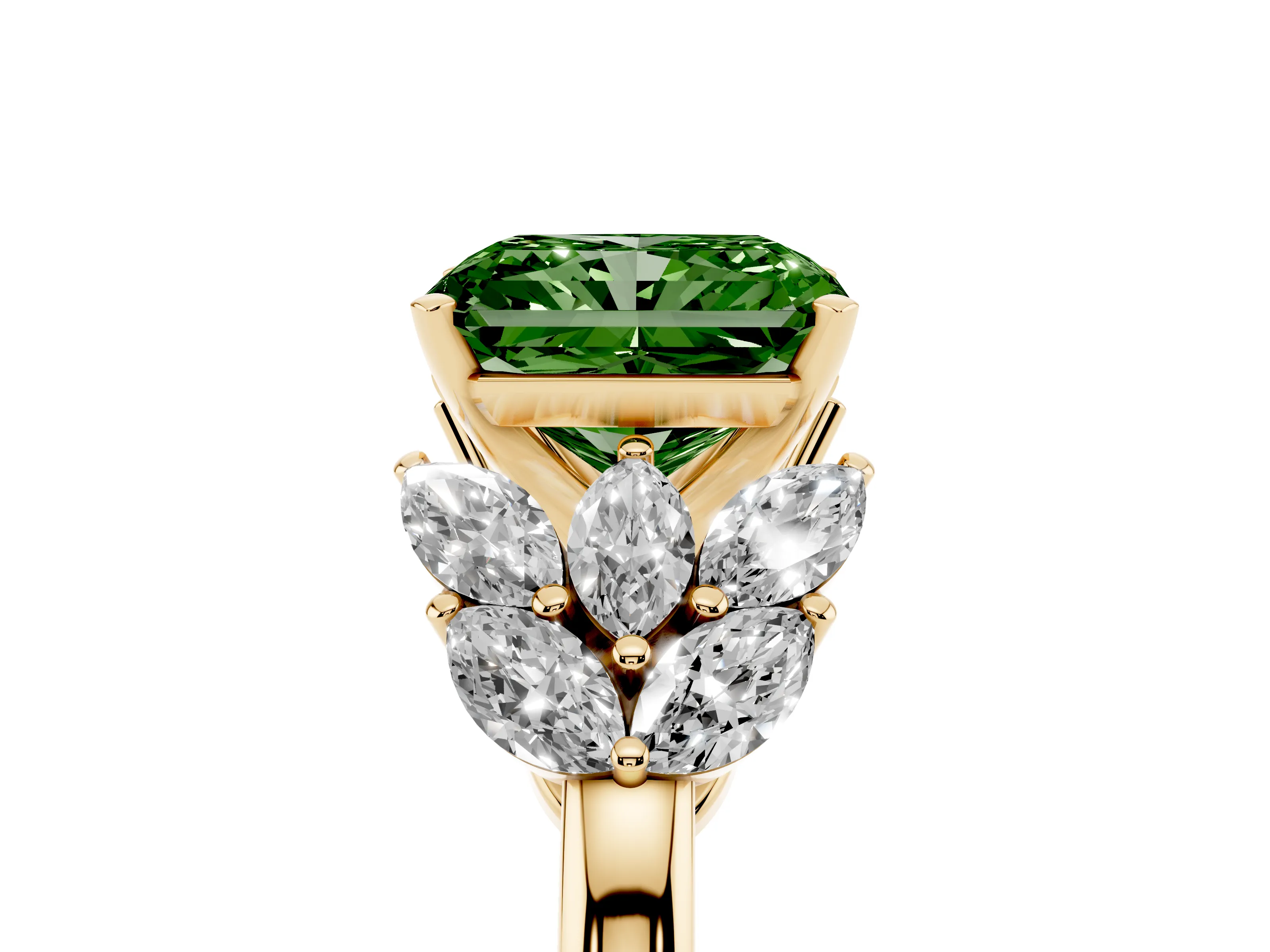 Fancy Green Radiant Cut Diamond Cluster Leaf Design Ring Set in Yellow gold with Prong Setting