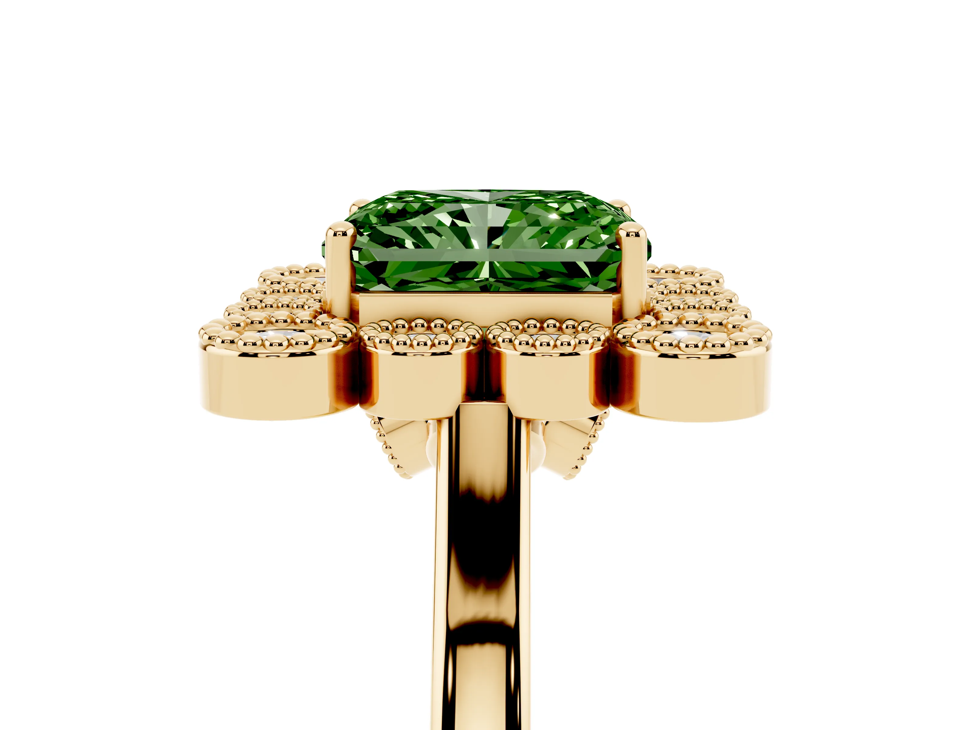 Fancy Green Radiant Cut Diamond Cluster Halo Ring Set in Yellow gold with Milgrain Bezel Accents and Plain Band