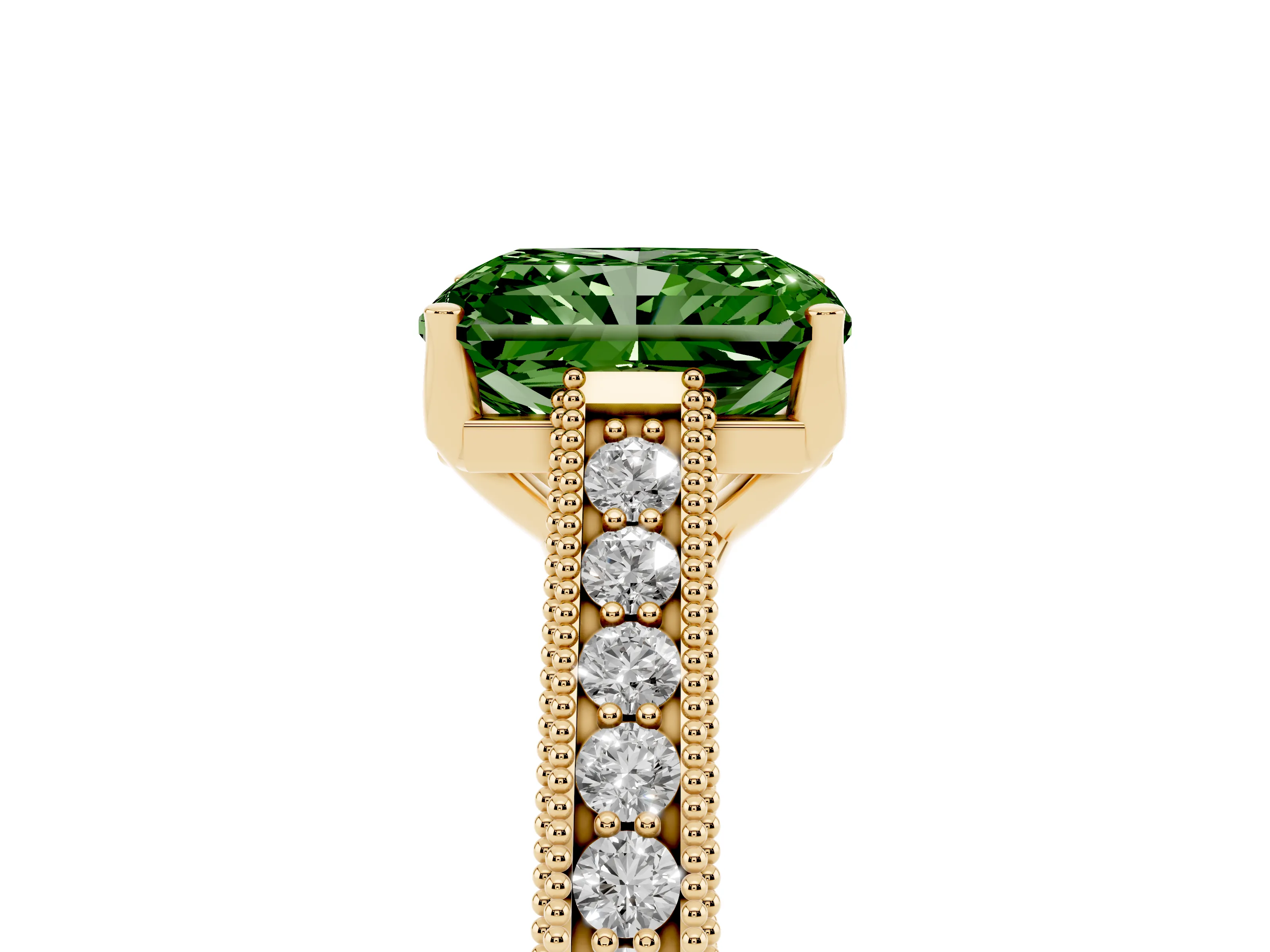 Fancy Green Radiant Cut Diamond Milgrain Pavé Band Solitaire Ring Set in Yellow gold with Prong Setting