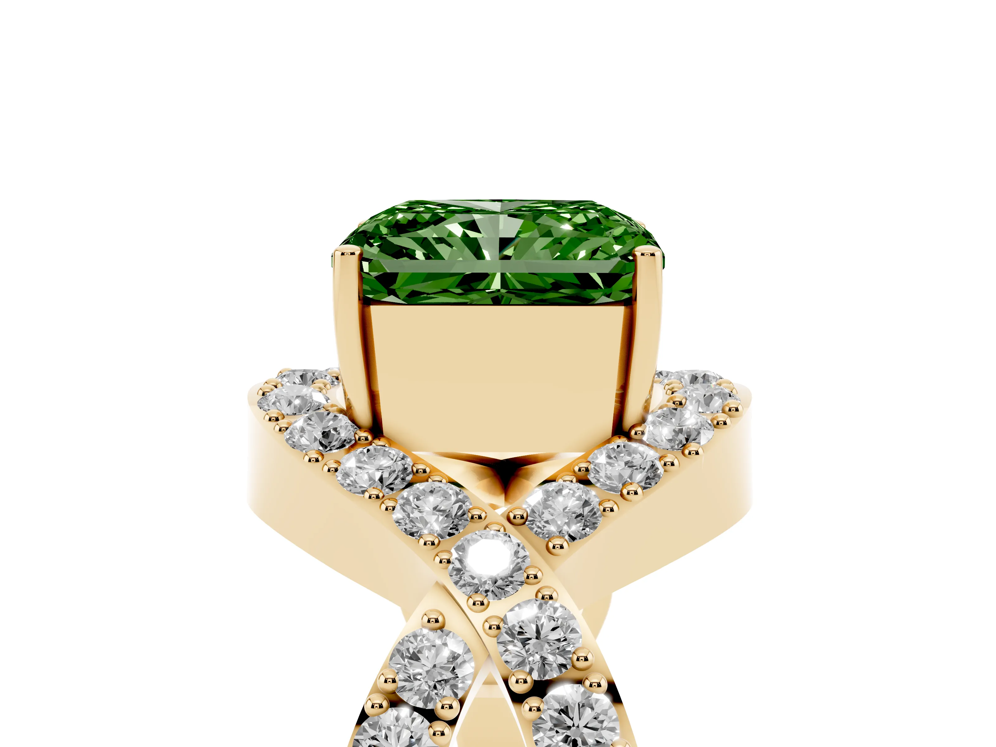 Fancy Green Radiant Cut Diamond Solitaire Twist Band Pavé Engagement Ring Set in Yellow gold