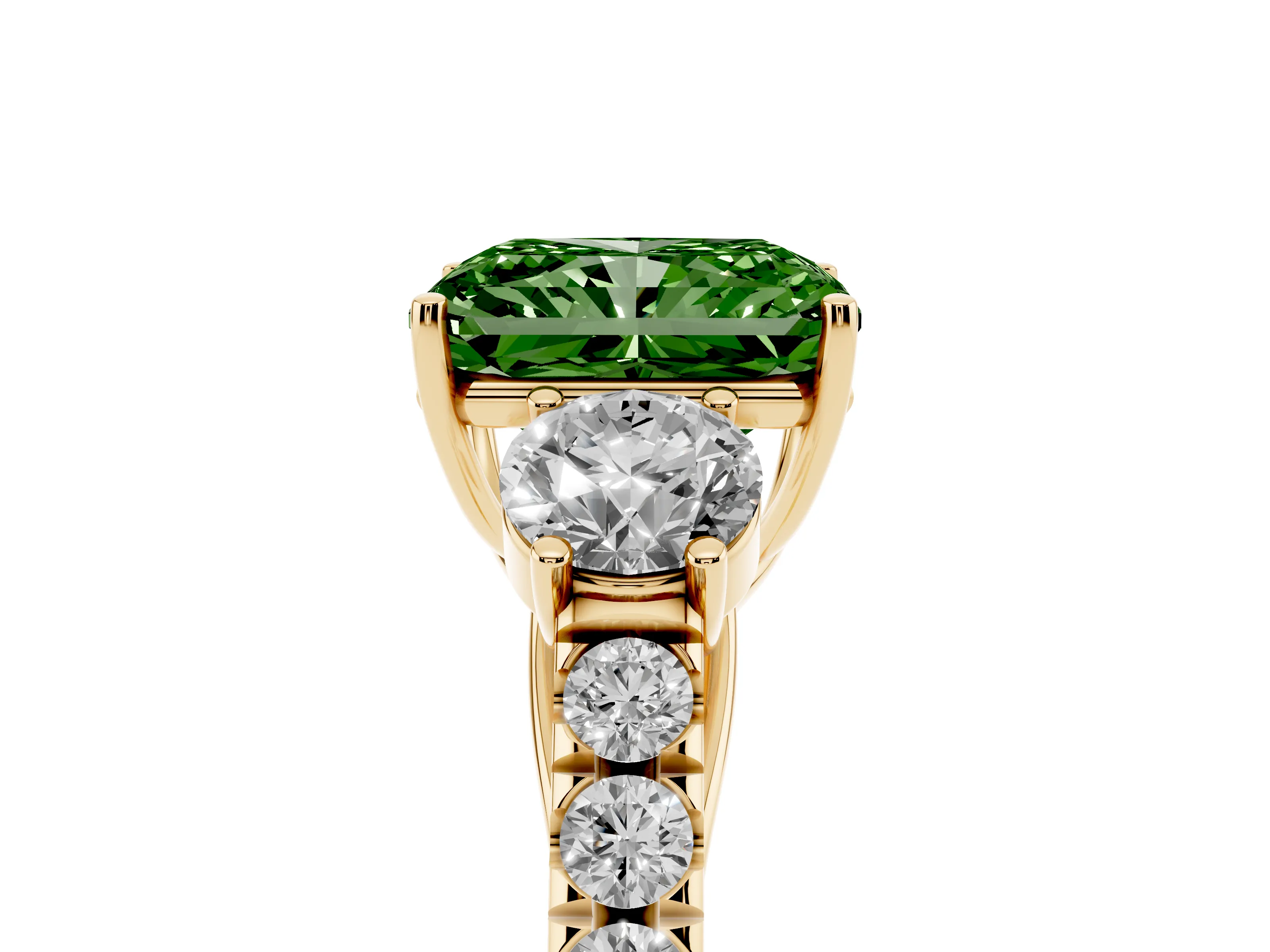 Fancy Green Radiant Cut Diamond Three-Stone Ring Set in Yellow gold with Round Side Stones and Delicate Pavé Band
