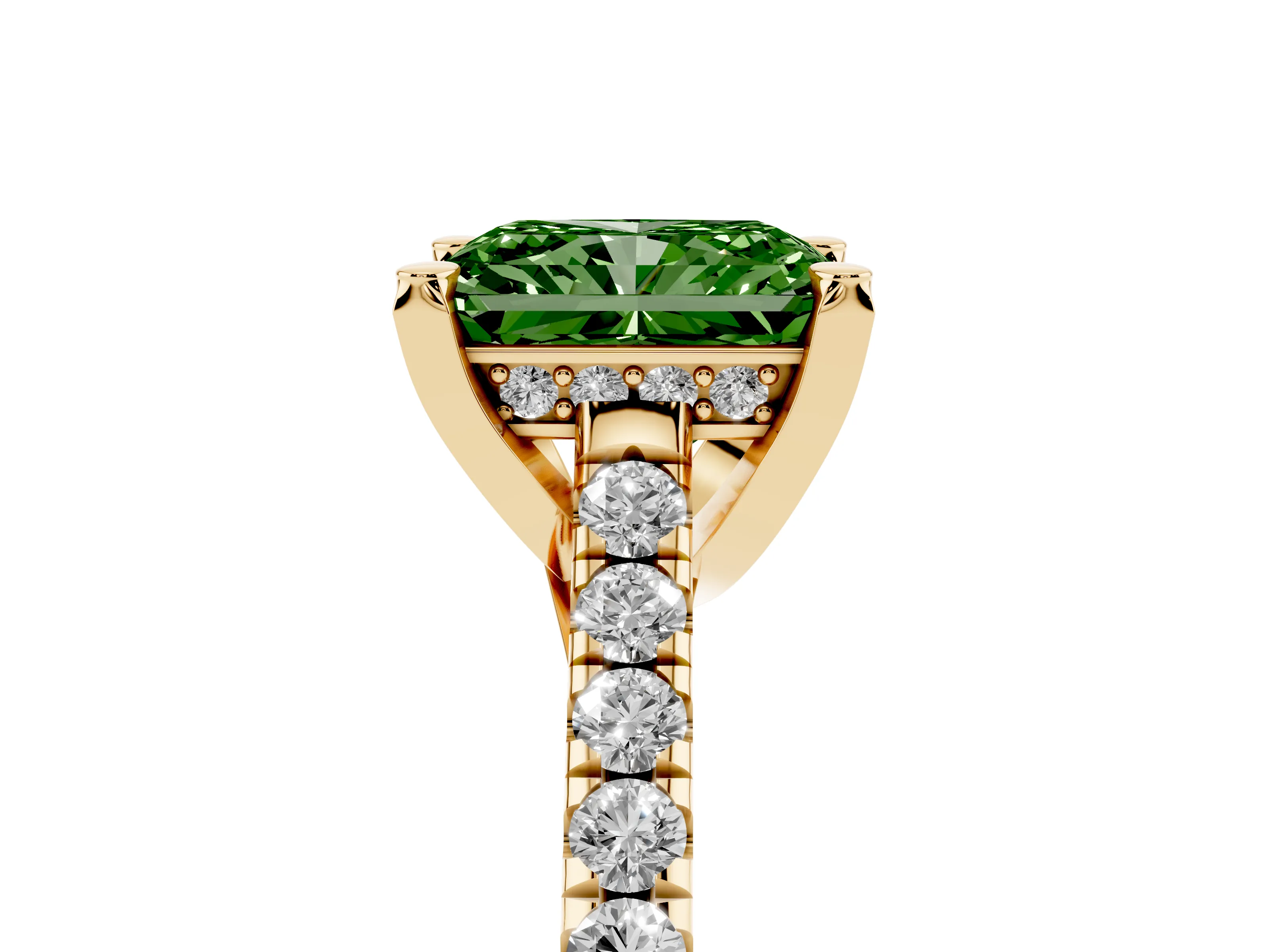 Fancy Green Radiant Cut Diamond Solitaire Ring Set in Yellow gold with Brilliant Pavé Band and Prong Setting