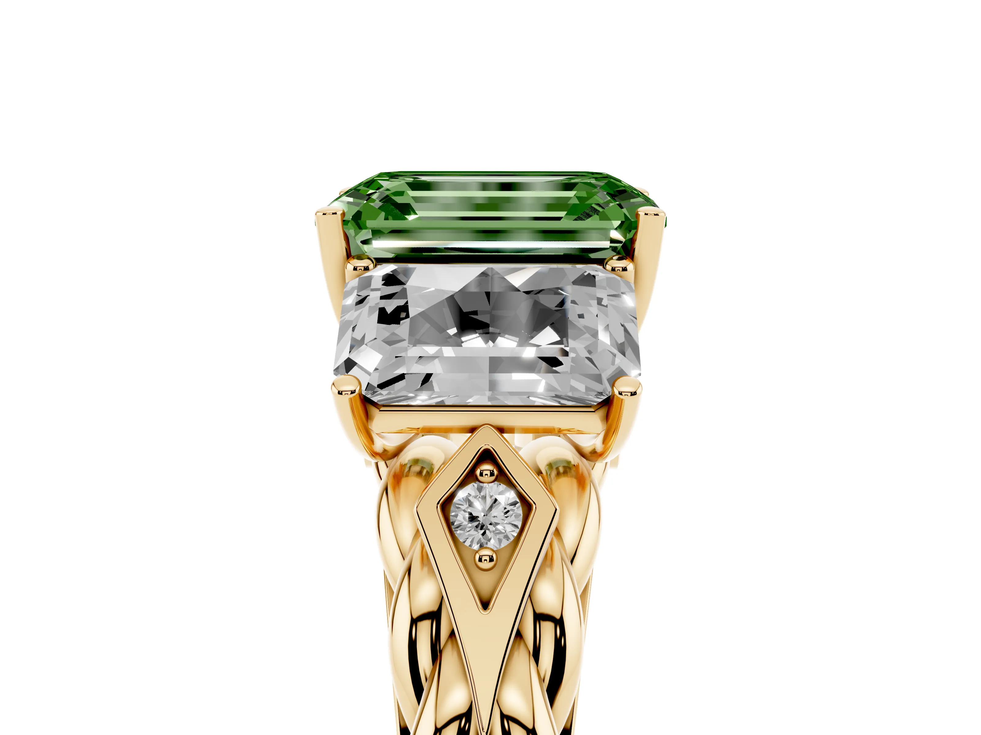 Fancy Green Radiant Cut Diamond Three-Stone Ring Set in Yellow gold with Braided Band