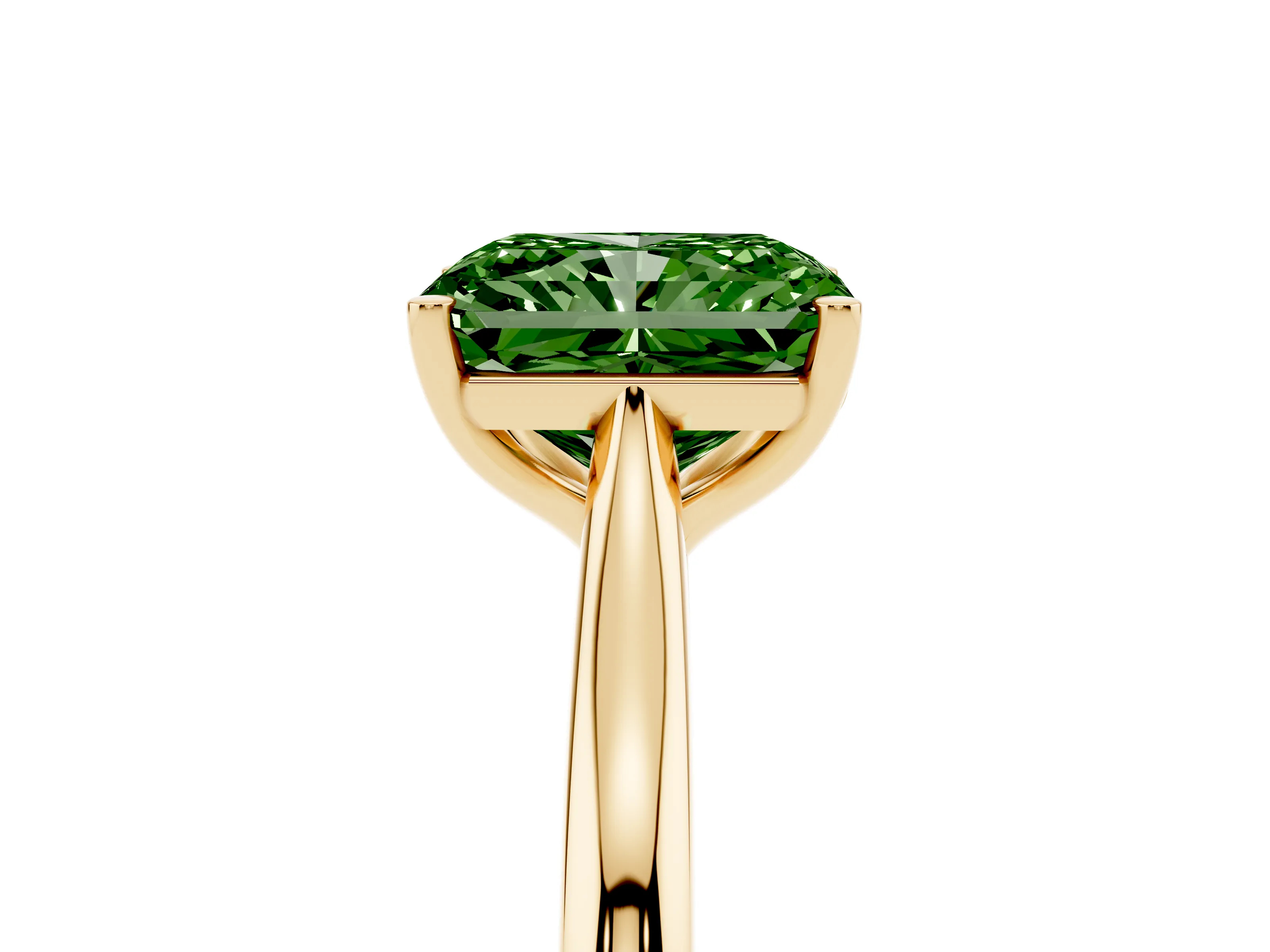 Fancy Green Radiant Cut Diamond Solitaire Ring Set in Yellow gold with Cathedral Band and Prong Setting