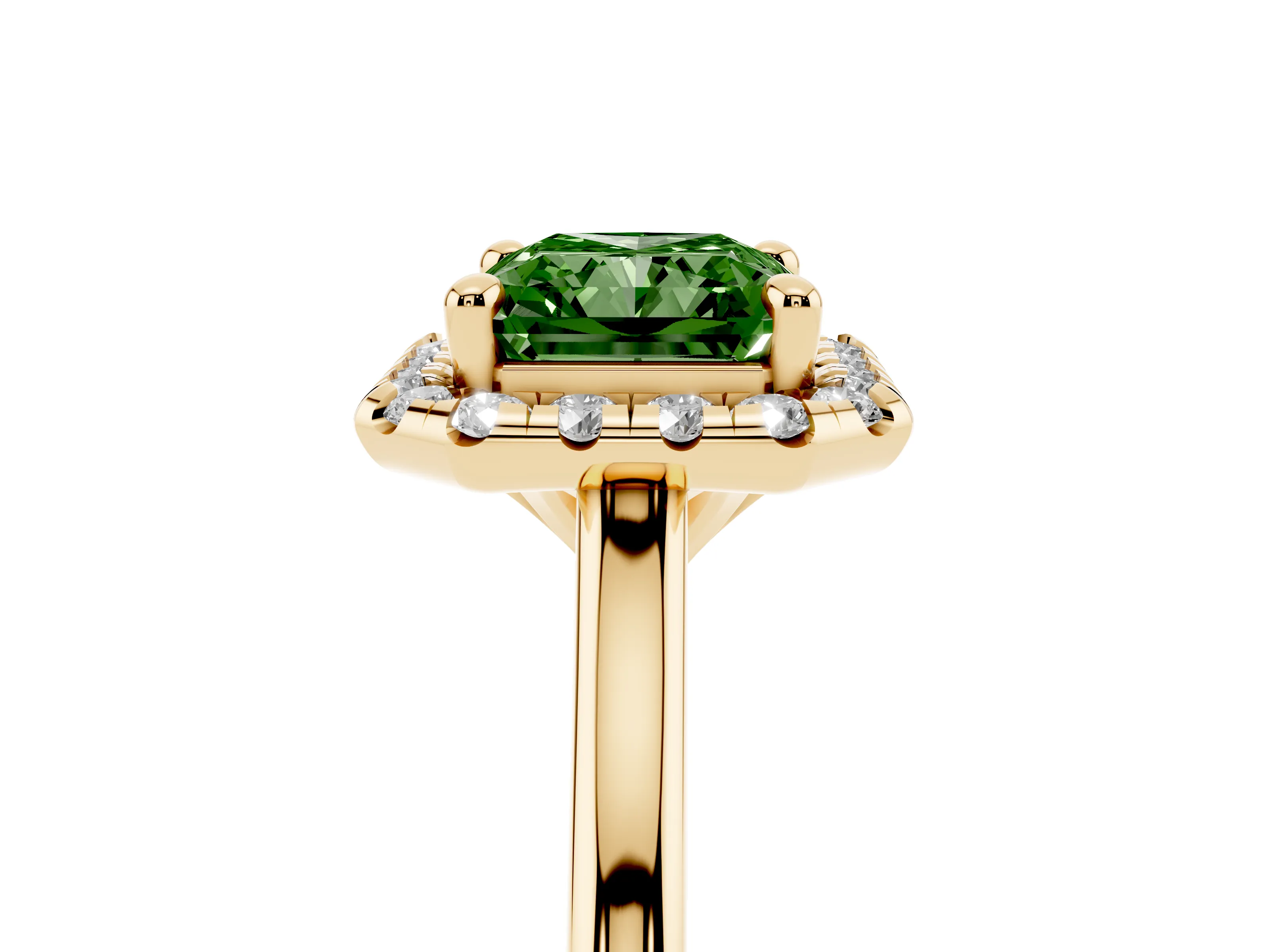 Fancy Green Radiant Cut Diamond Halo Engagement Ring Set in Yellow gold with Pavé Band and Rising Shoulders