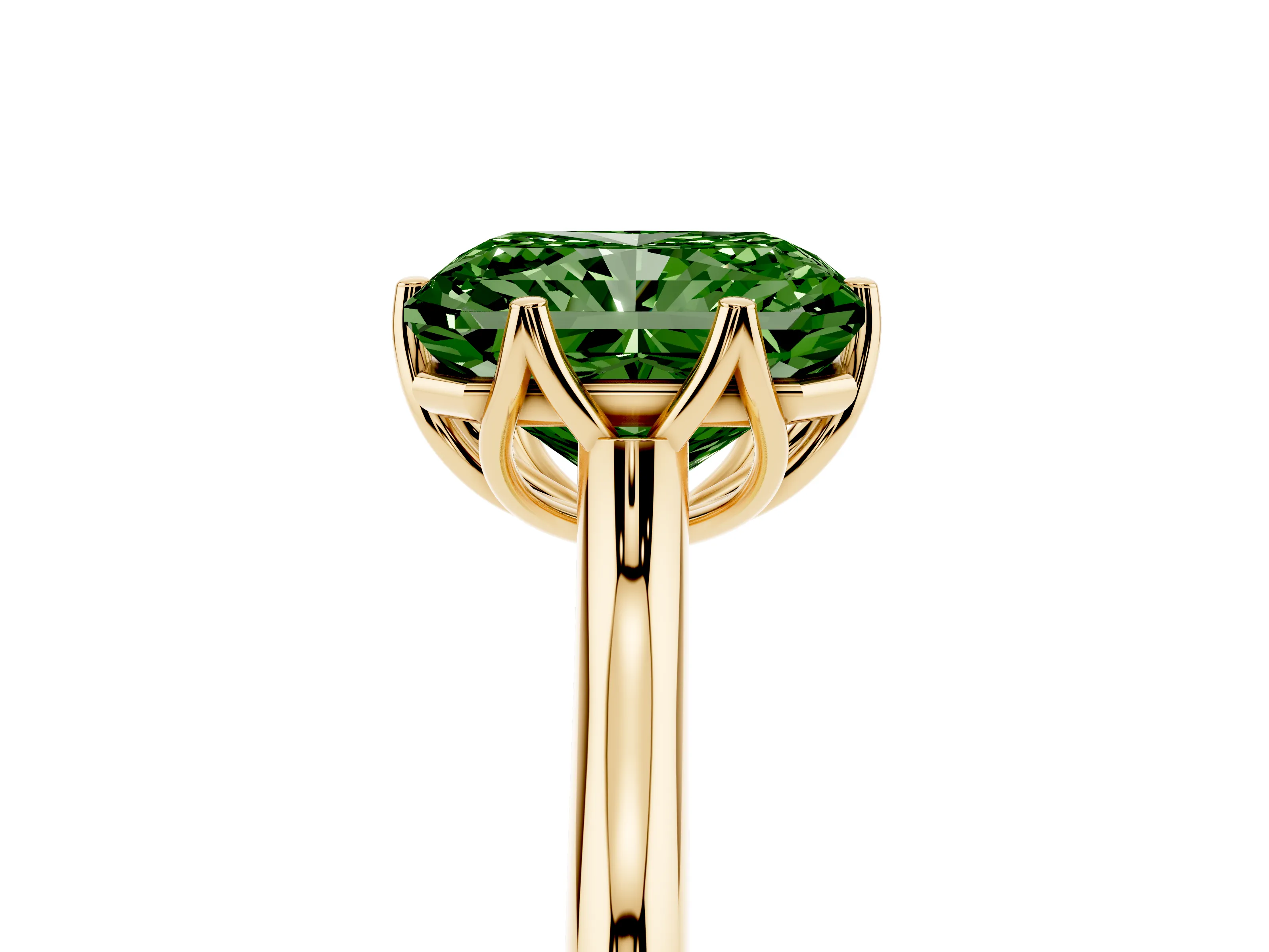 Fancy Green Radiant Cut Diamond Solitaire Cathedral Ring Set in Yellow gold with Prong Setting
