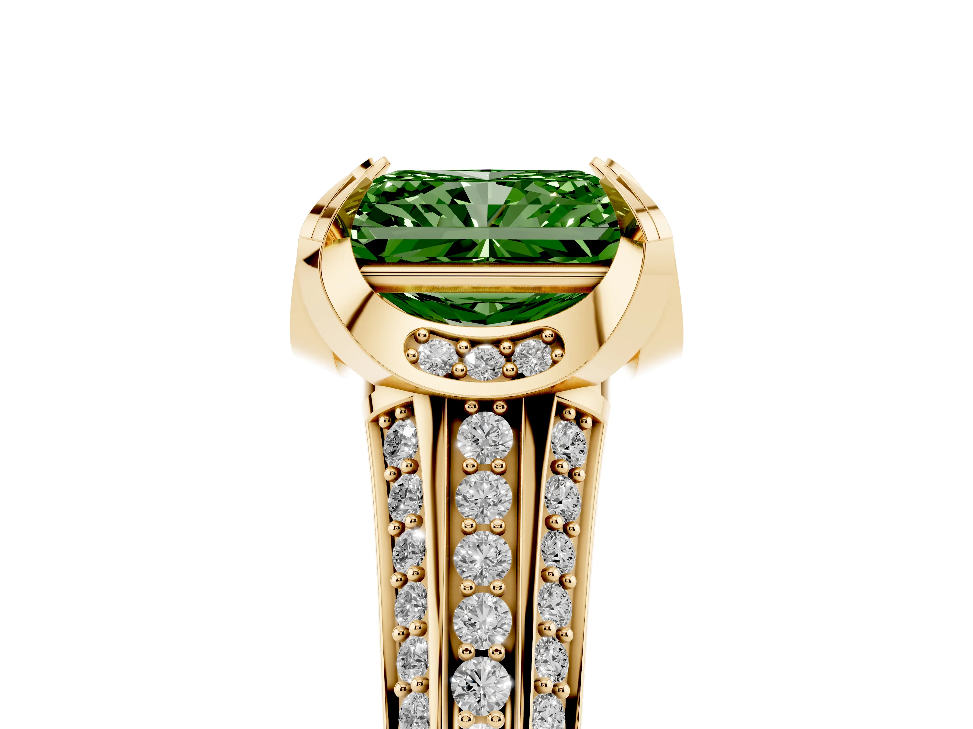 Fancy Green Radiant Cut Diamond Pavé Split Shank Solitaire Ring Set in Yellow gold with Prong Setting