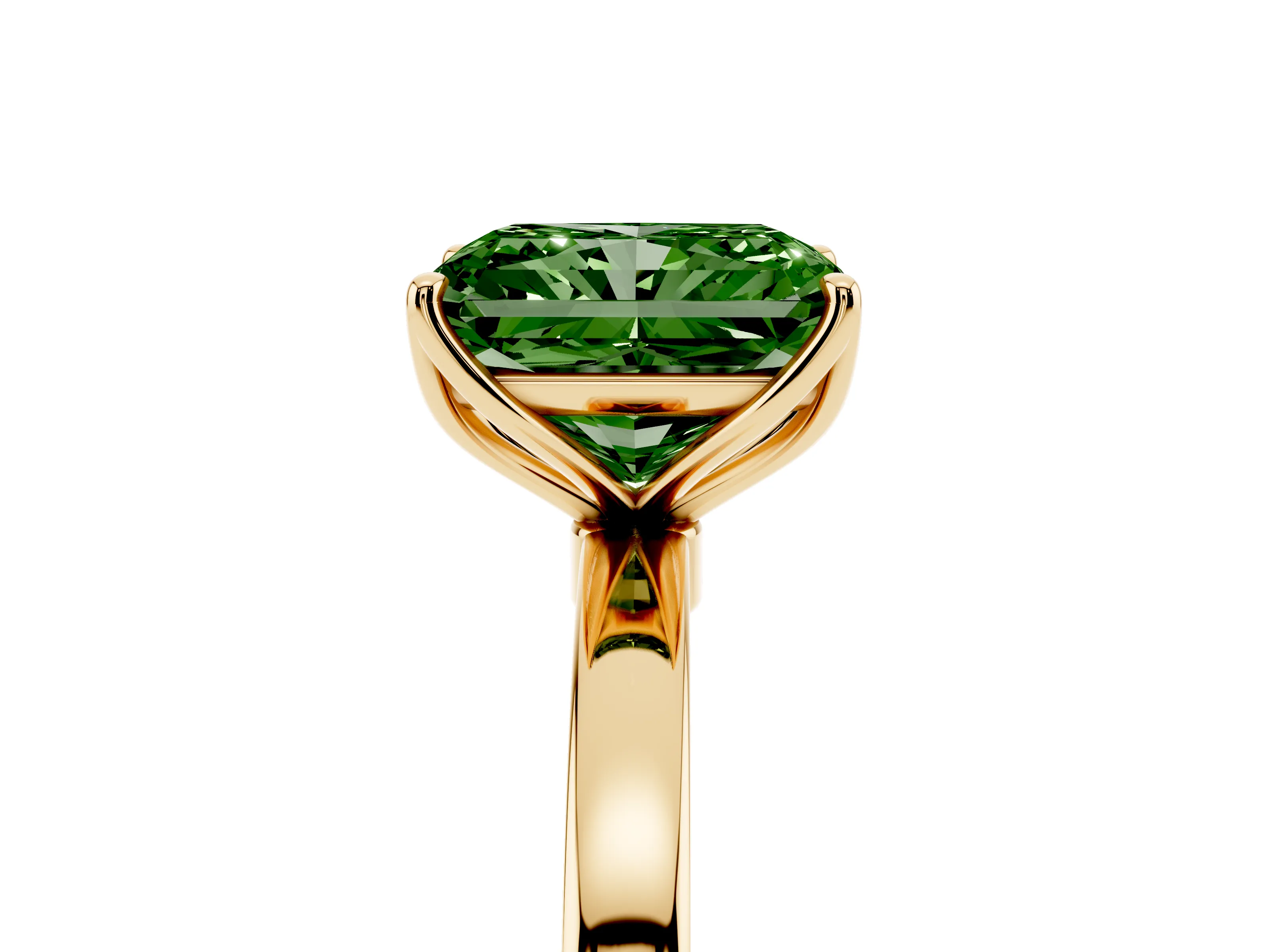 Fancy Green Radiant Cut Diamond Solitaire Ring Set in Yellow gold with Prong Setting and Thin Polished Band
