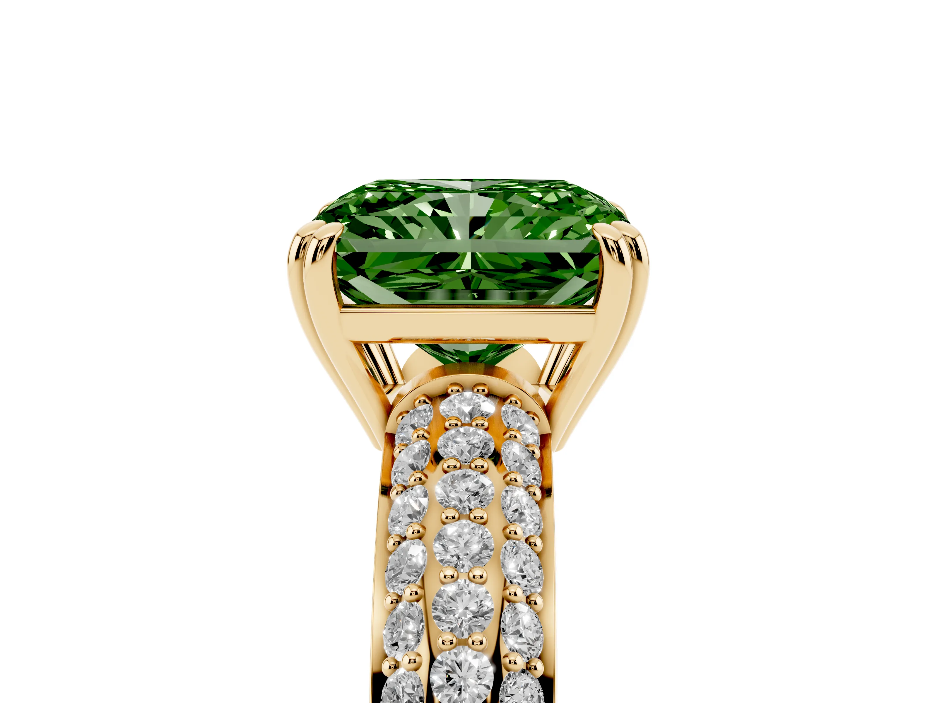 Fancy Green Radiant Cut Diamond Solitaire Ring Set in Yellow gold with Multi-Row Round Pavé Band and Prong Setting