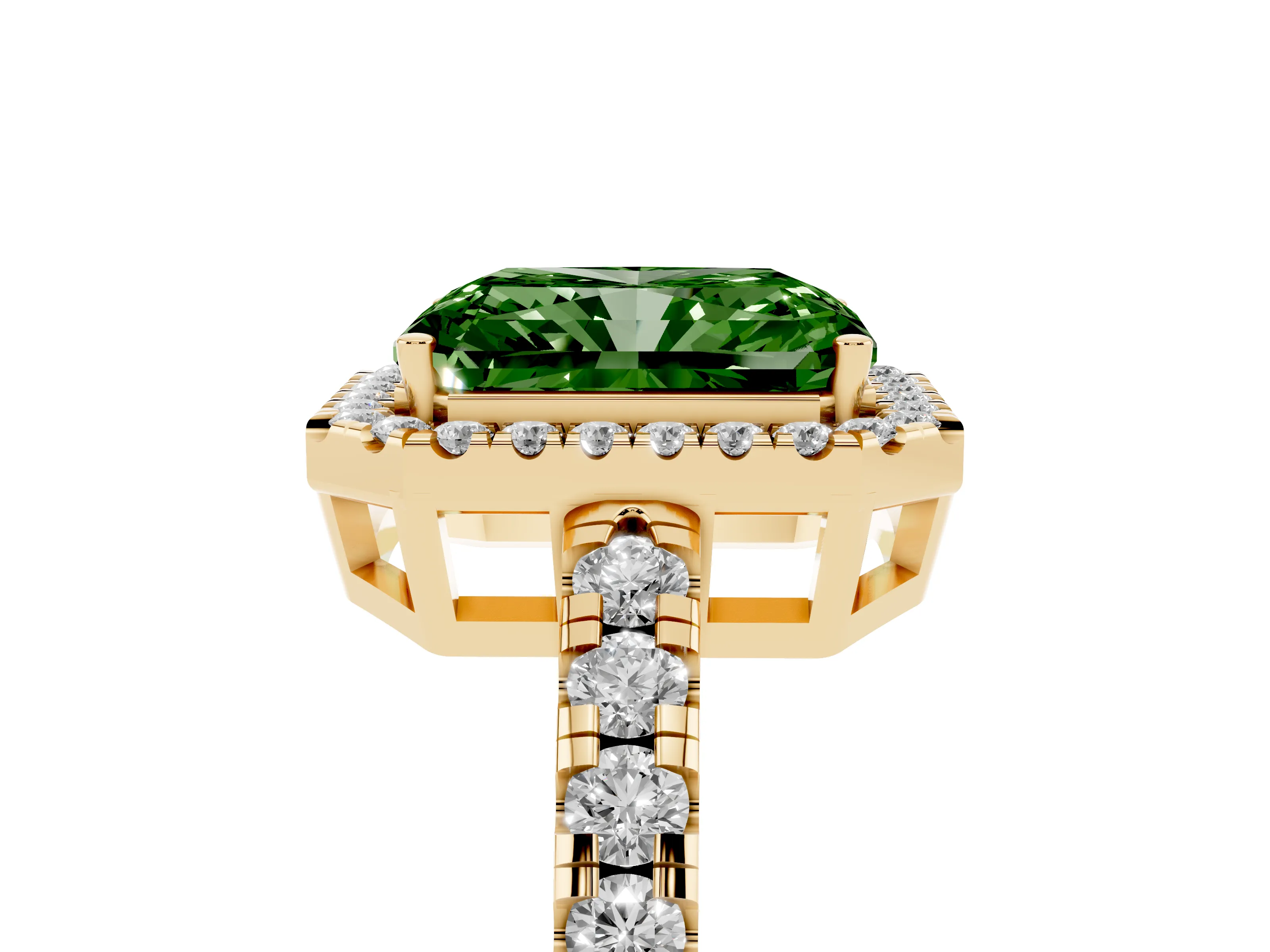 Fancy Green Radiant Cut Diamond Halo Ring Set in Yellow gold with Delicate Pavé Band and Prong Setting