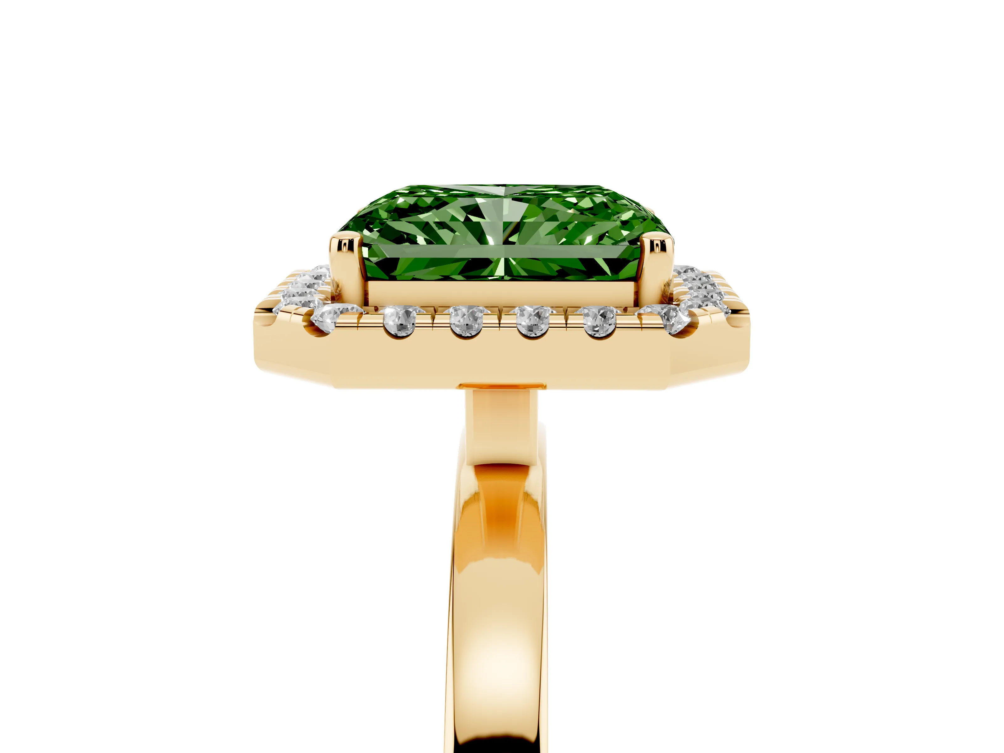 Fancy Green Radiant Cut Diamond Halo Solitaire Ring Set in Yellow gold with Pavé Band and Prong Setting