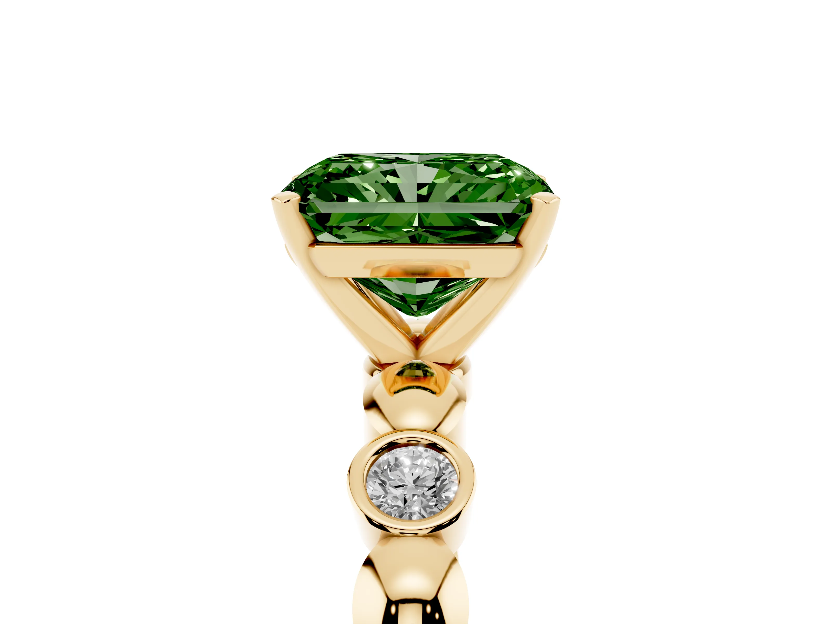 Fancy Green Radiant Cut Diamond Solitaire Ring Set in Yellow gold with Bezel-Set Accents on Beaded Band and Prong Setting