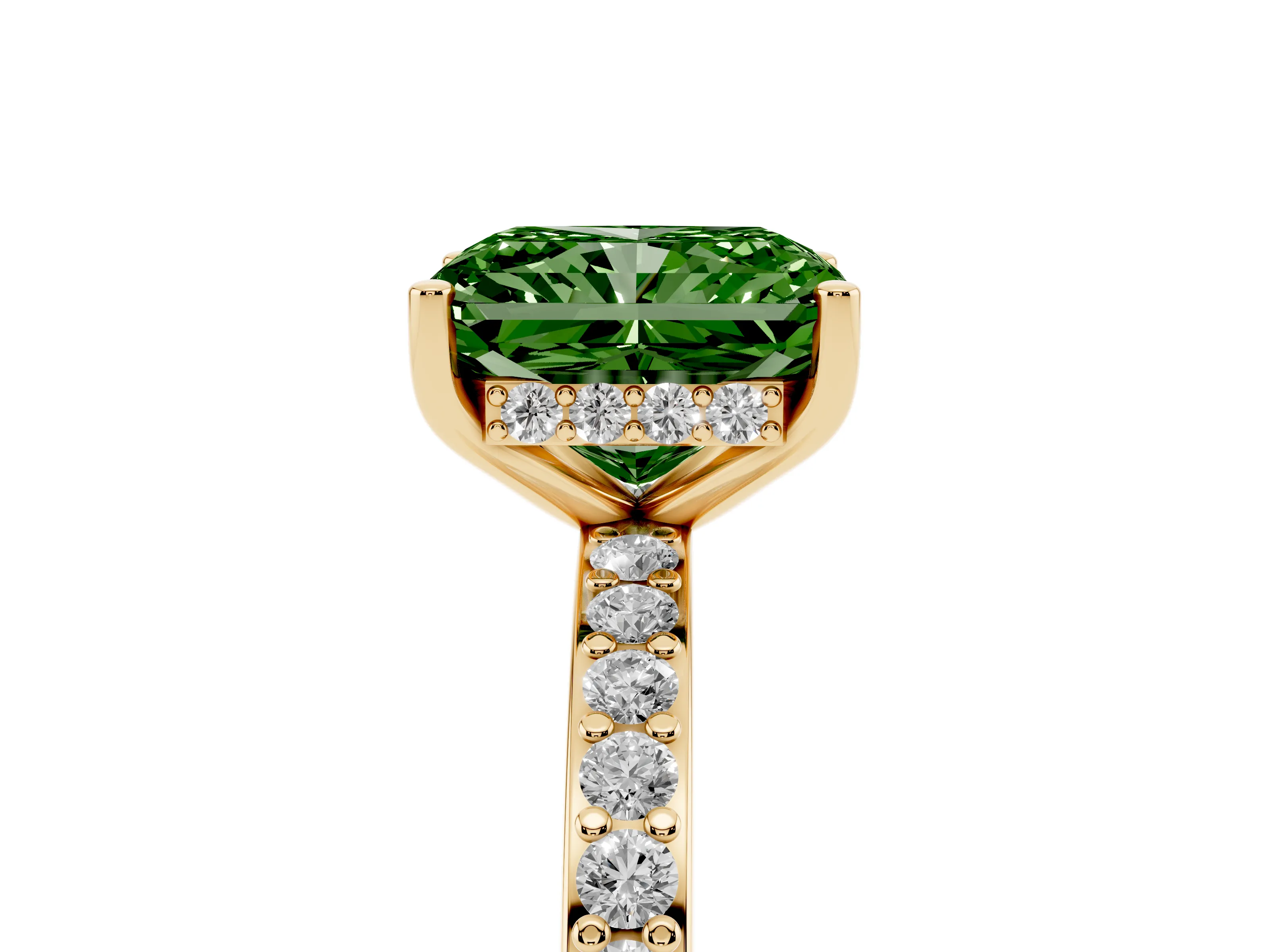 Fancy Green Radiant Cut Diamond Pavé Band Ring Set in Yellow gold with Prong-Set Center Stone
