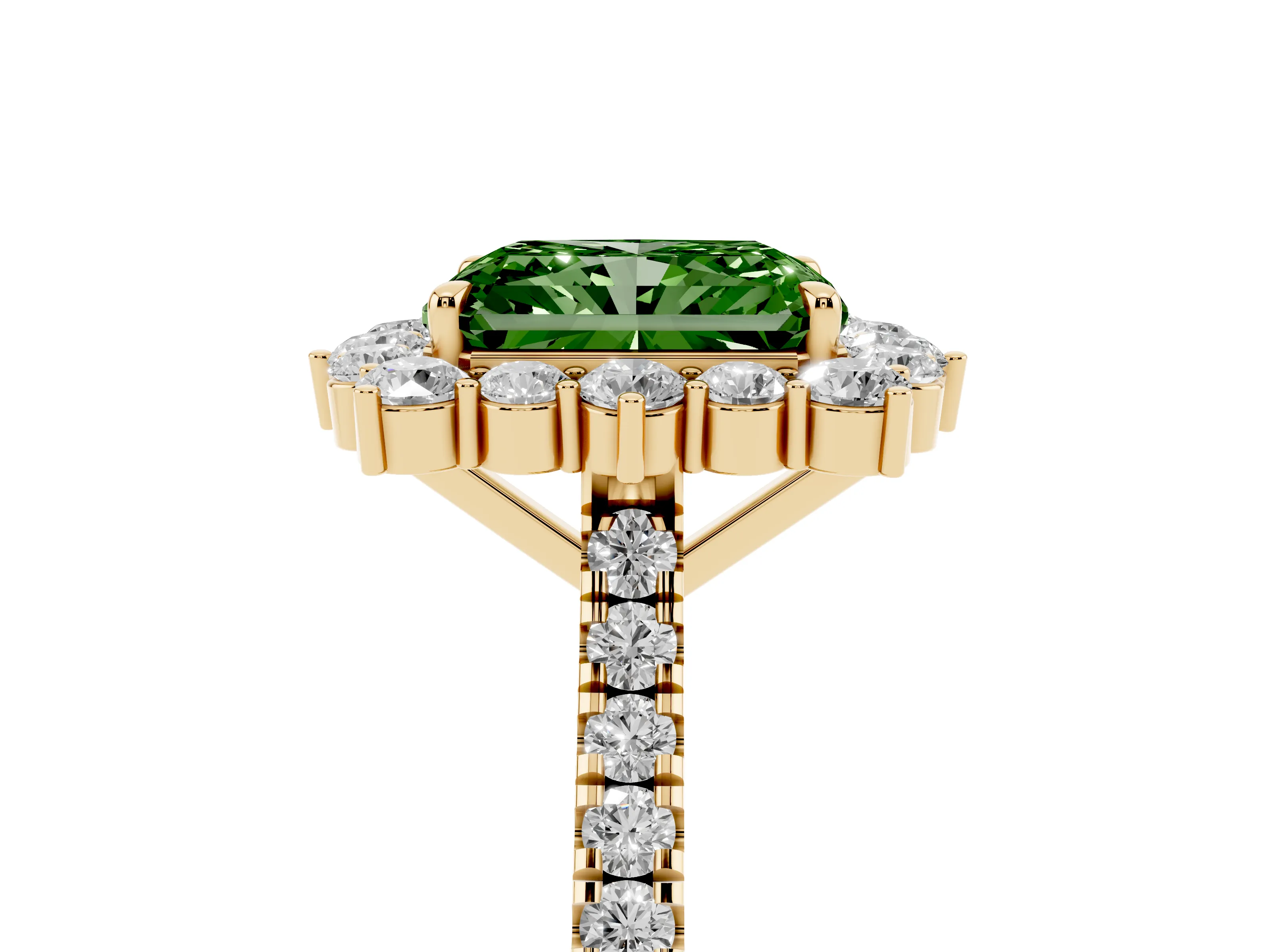 Fancy Green Radiant Cut Diamond Halo Ring Set in Yellow gold with Pavé Band and Prong Setting