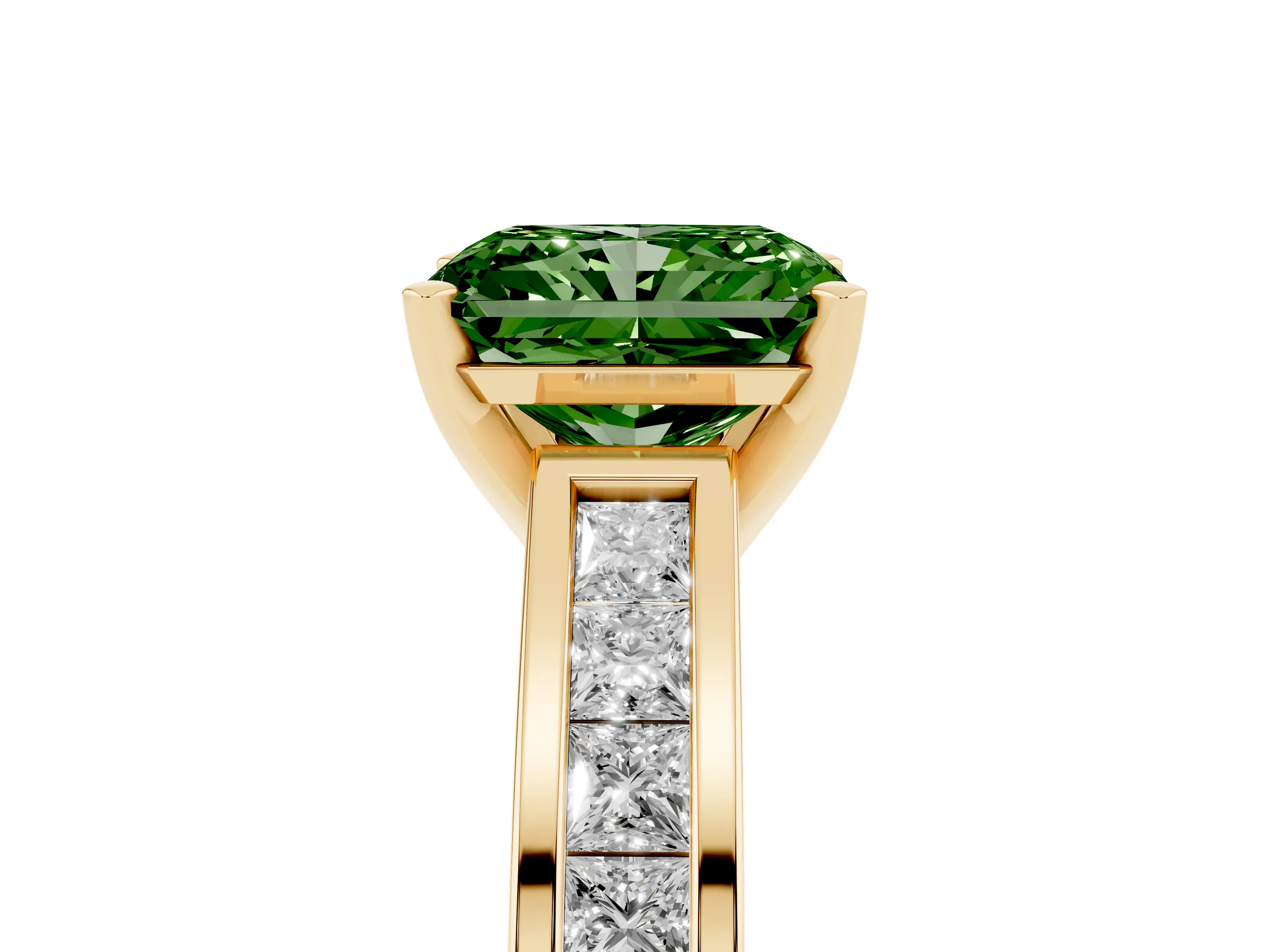 Fancy Green Radiant Cut Diamond Solitaire Ring Set in Yellow gold with Channel-Set Band and Prong Setting