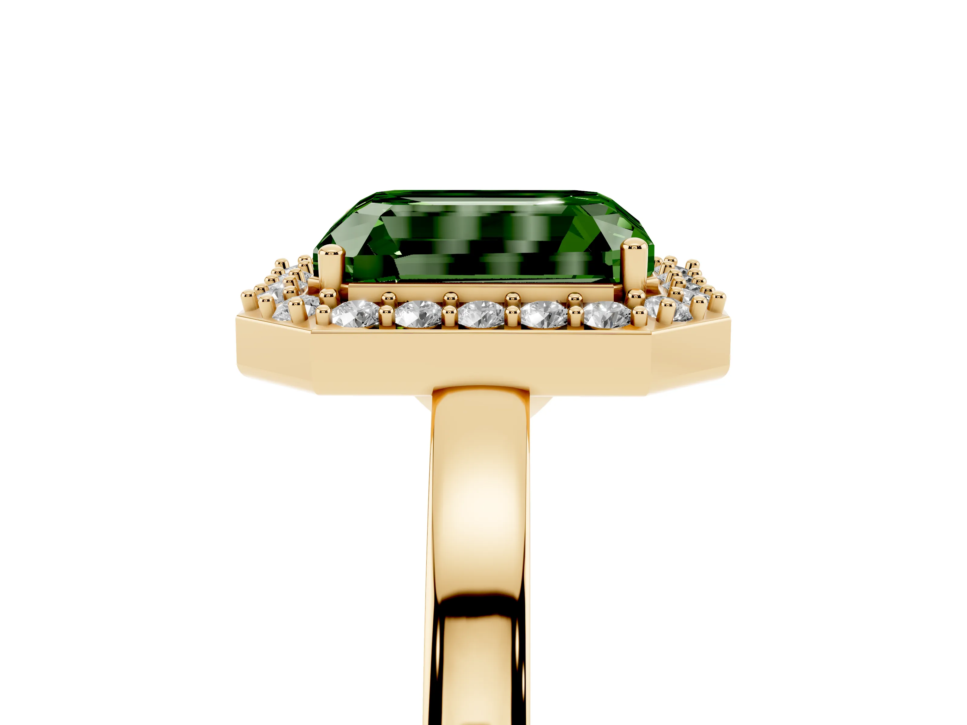 Fancy Green Radiant Cut Diamond Halo Ring Set in Yellow gold with Solitaire Band and Prong Setting