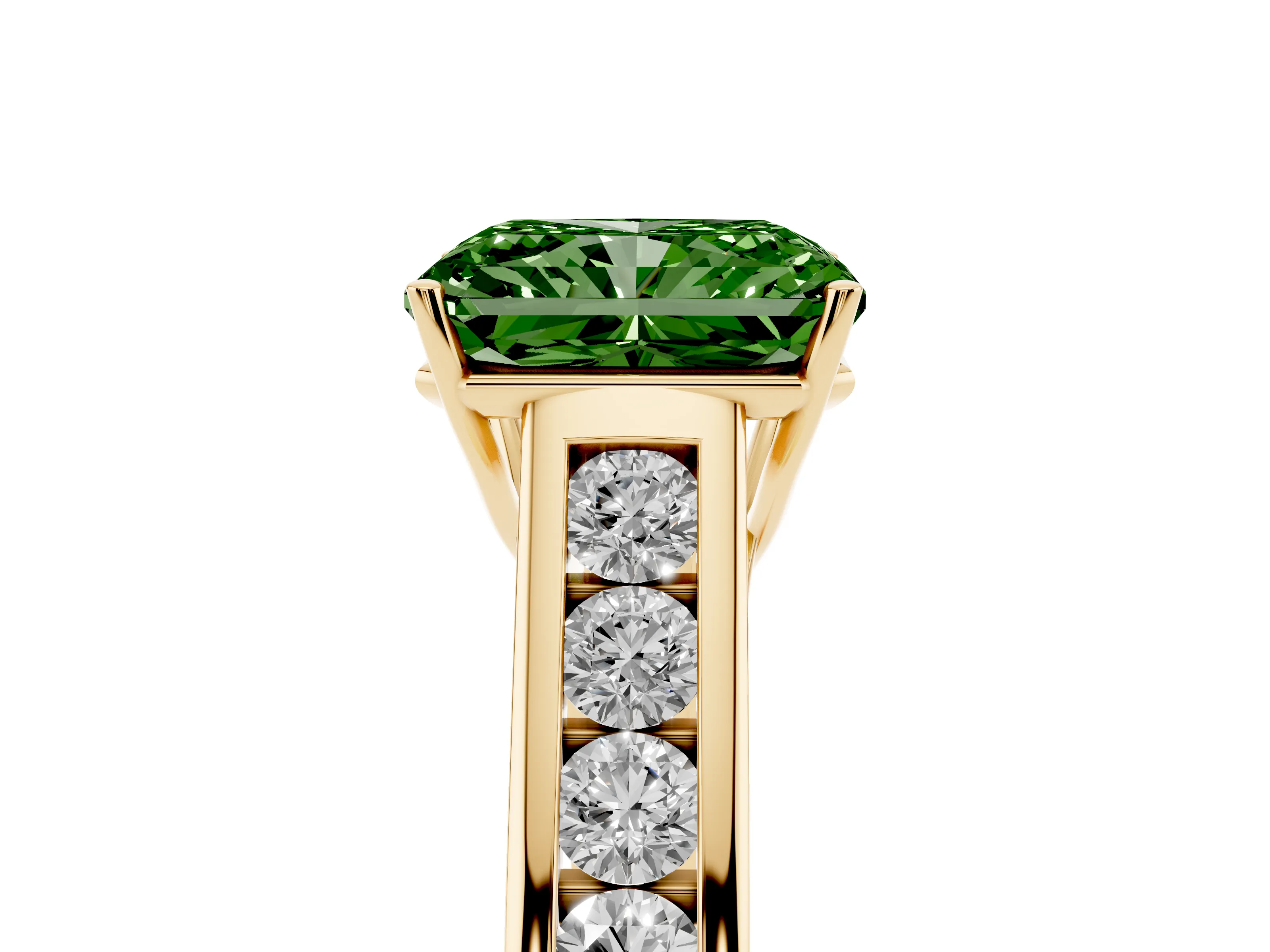 Fancy Green Radiant Cut Diamond Brilliant Channel-Set Solitaire Ring Set in Yellow gold with Prong Setting