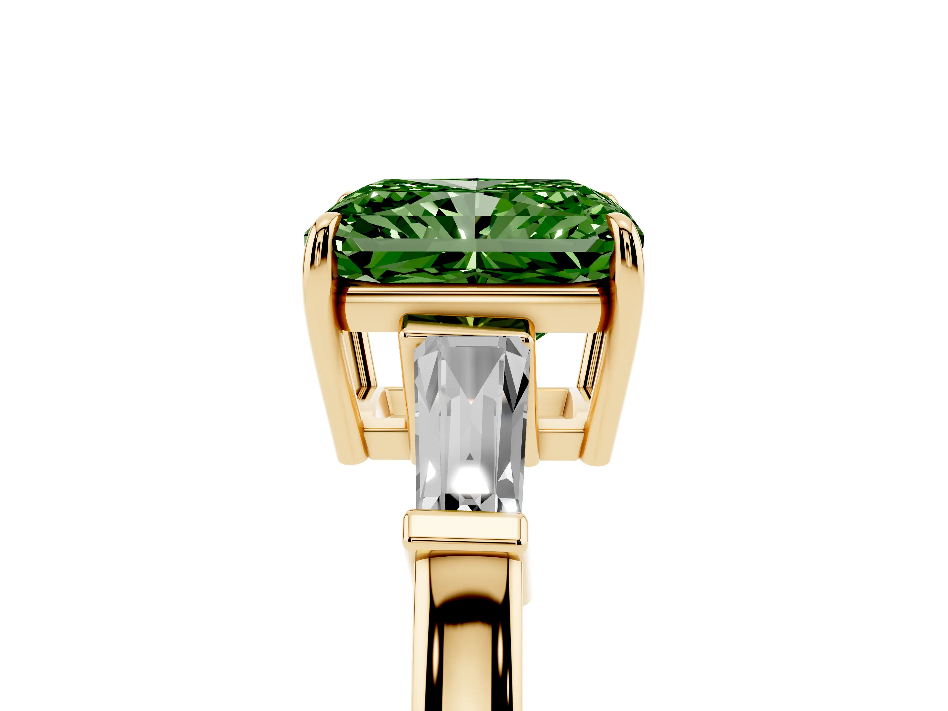Fancy Green Radiant Cut Diamond Three-Stone Ring Set in Yellow gold with Tapered Baguette Side Stones and Prong Setting