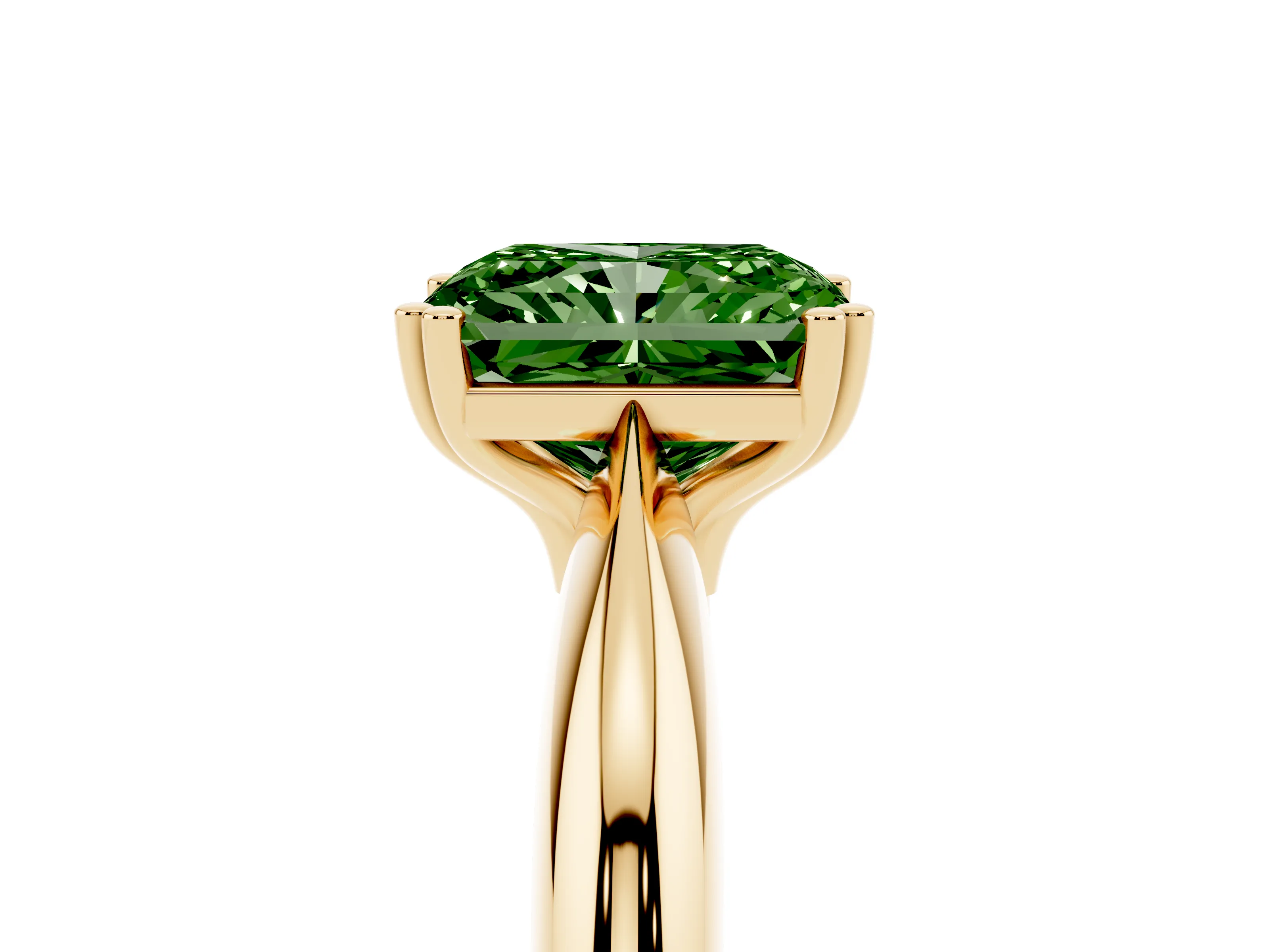 Fancy Green Radiant Cut Diamond Solitaire Engagement Ring Set in Yellow gold with Tapered Band and Prong Setting