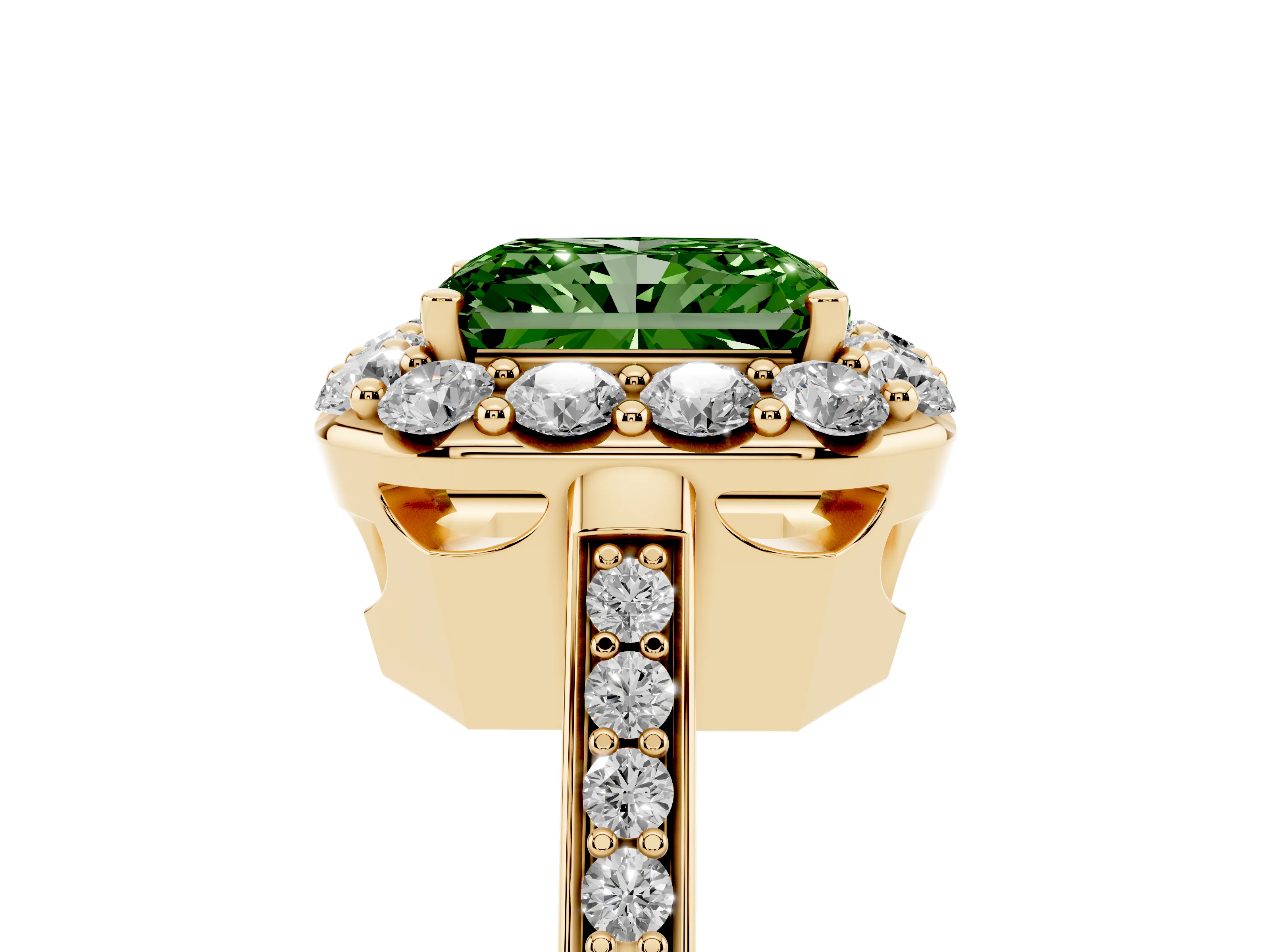Fancy Green Radiant Cut Diamond Floral Halo Ring Set in Yellow gold with Pavé Band and Prong Setting