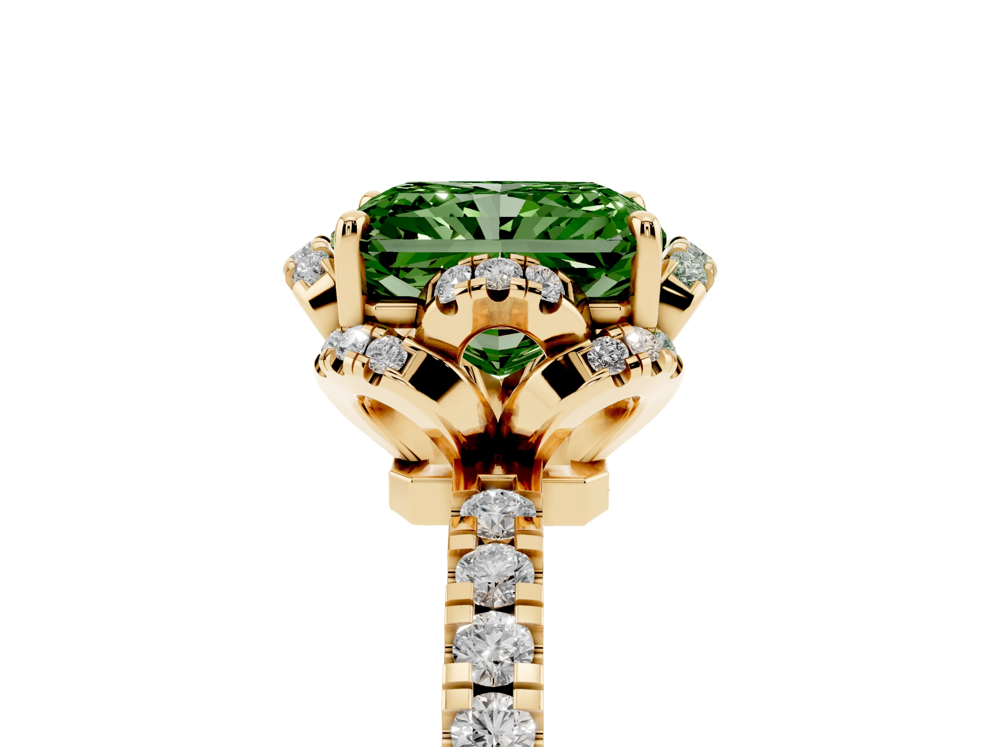 Fancy Green Radiant Cut Diamond Halo Pavé Band Ring Set in Yellow gold with Prong-Held Center