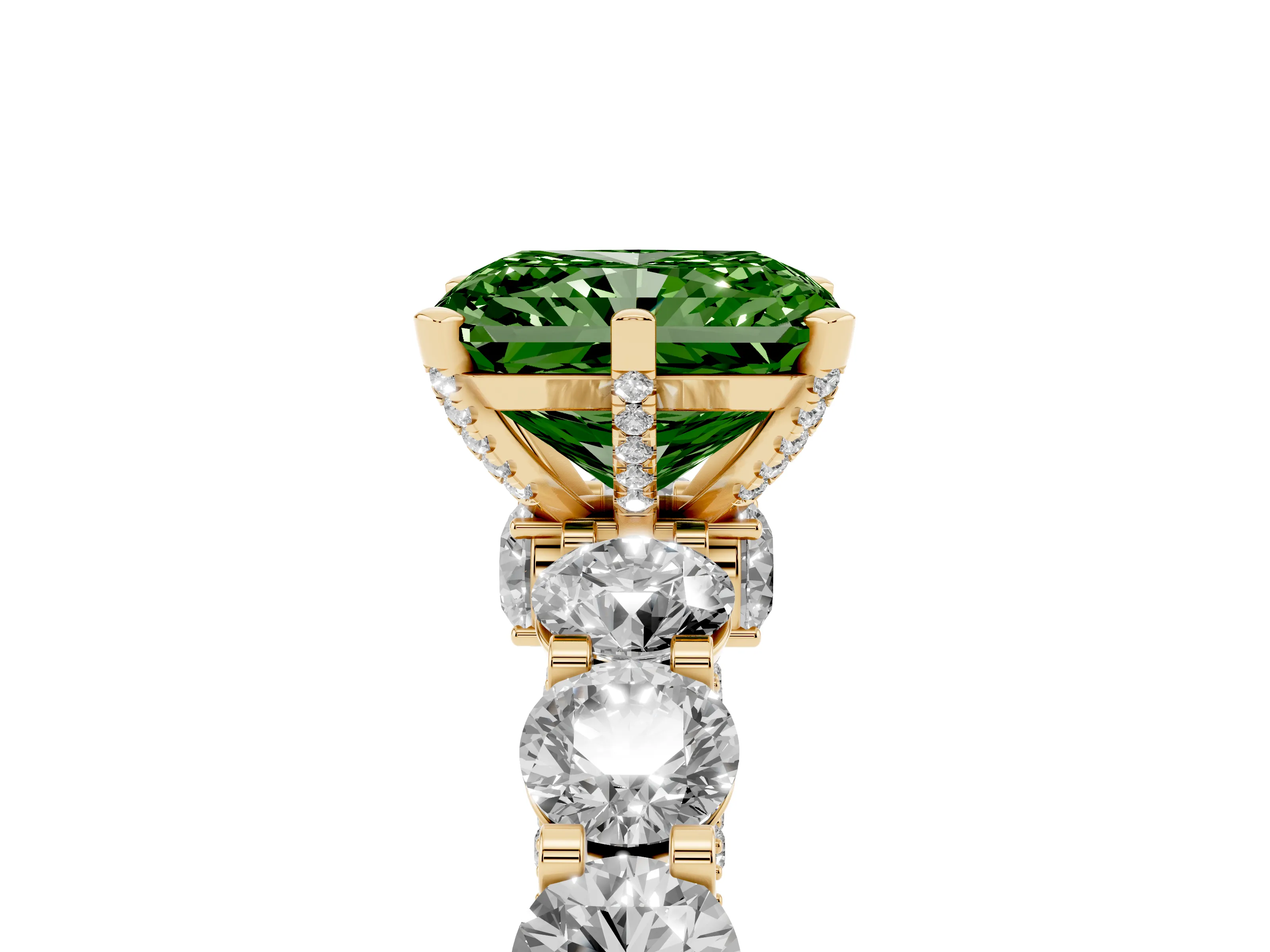 Fancy Green Radiant Cut Diamond Side Stone Ring Set in Yellow gold with Alternating Round and Oval Side Stones