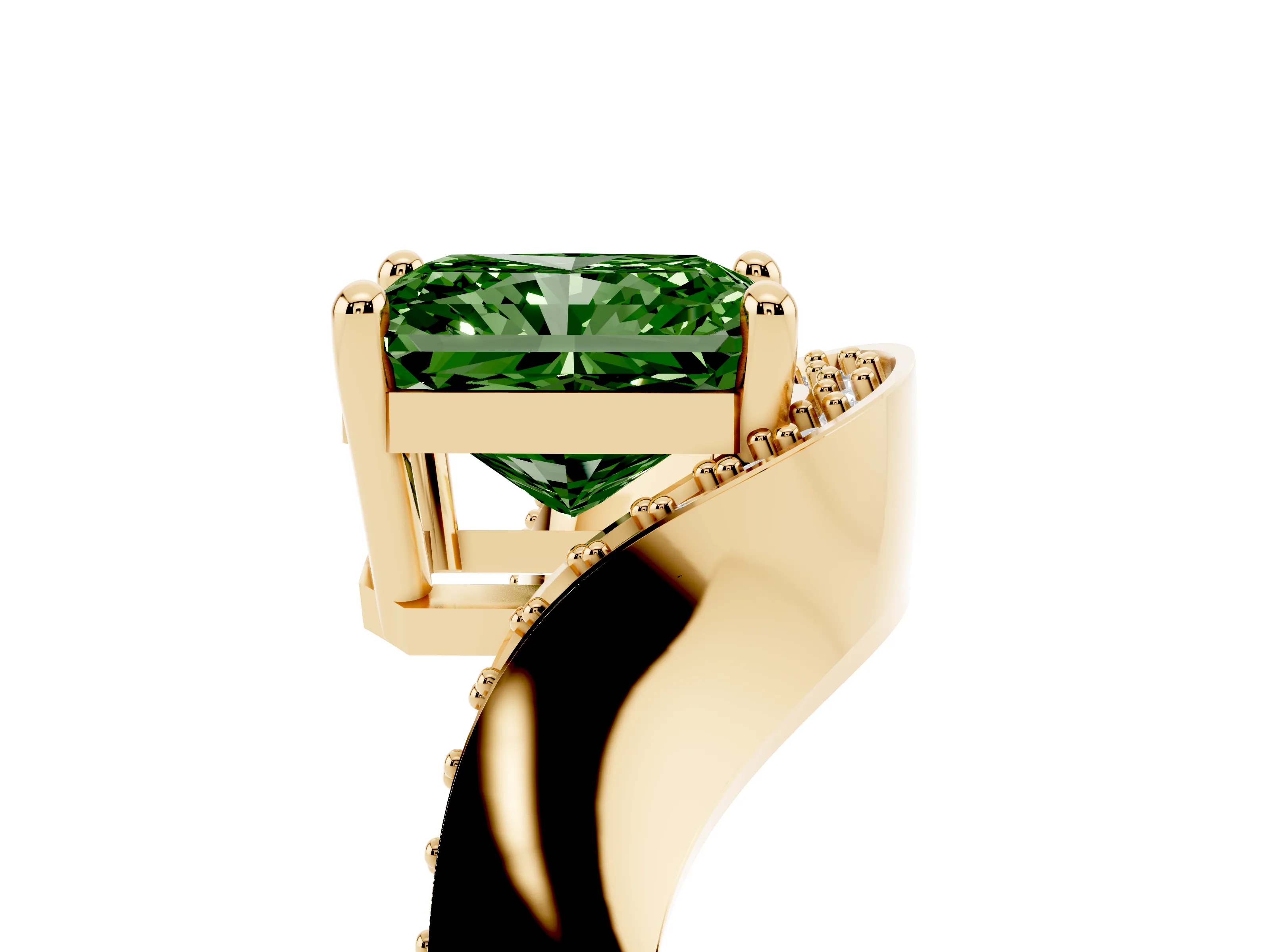 Fancy Green Radiant Cut Diamond Solitaire Engagement Ring Set in Yellow gold with Pavé Shoulders