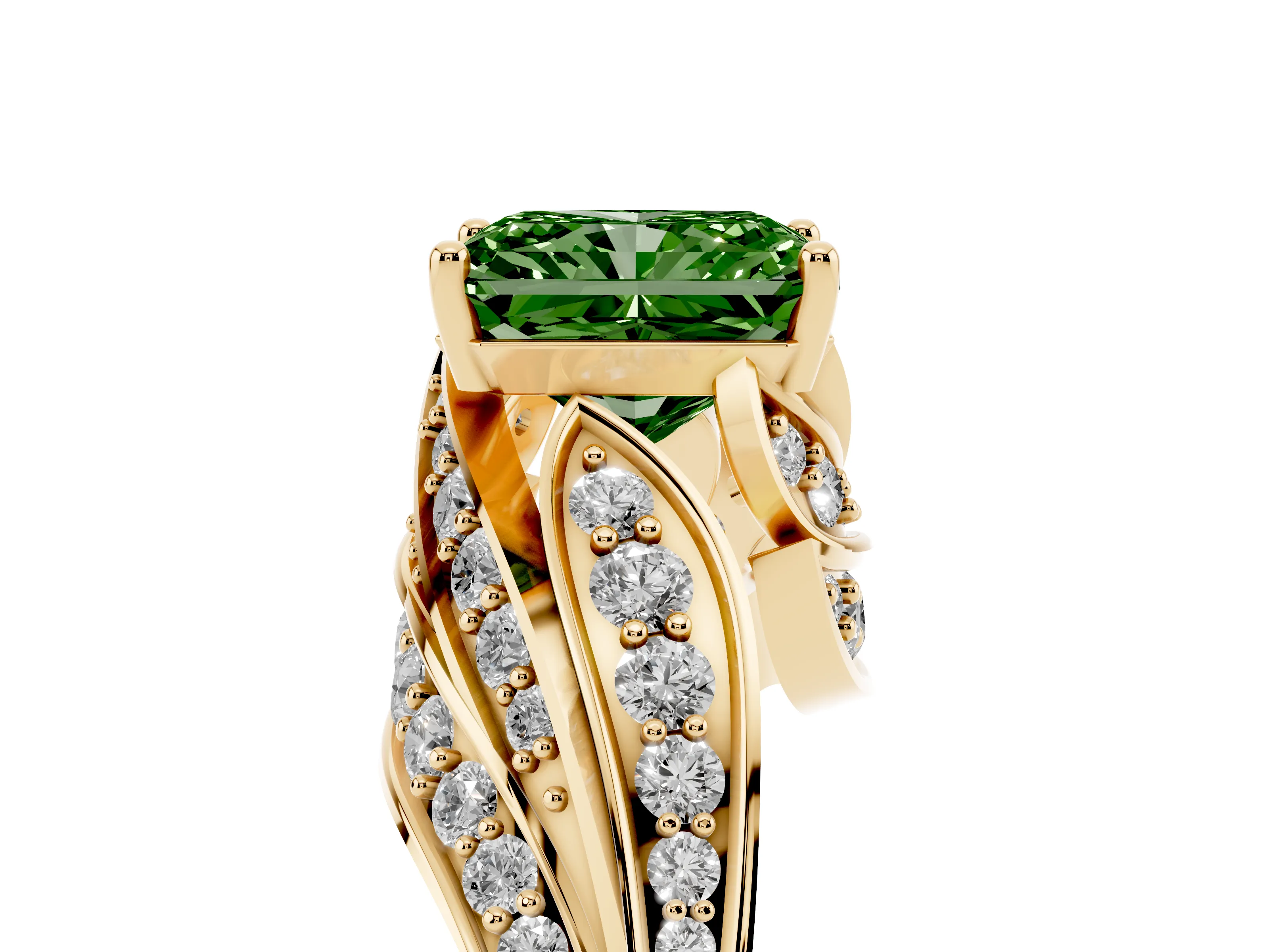 Fancy Green Radiant Cut Diamond Solitaire Ring Set in Yellow gold with Layered Twist Pavé Band