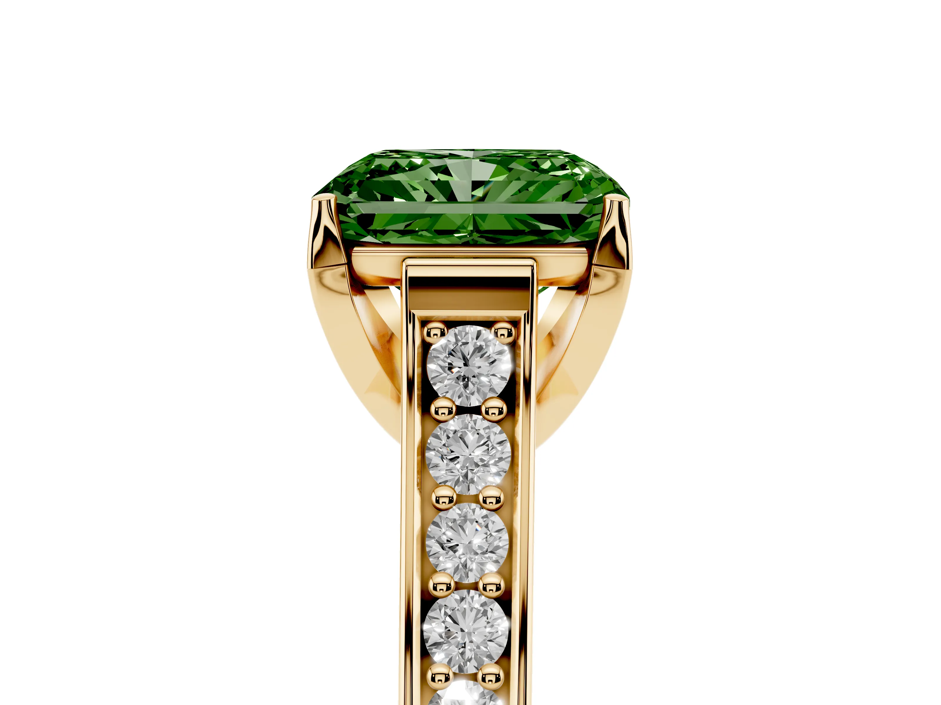 Fancy Green Radiant Cut Diamond Solitaire Pavé Engagement Ring Set in Yellow gold with Prong Setting
