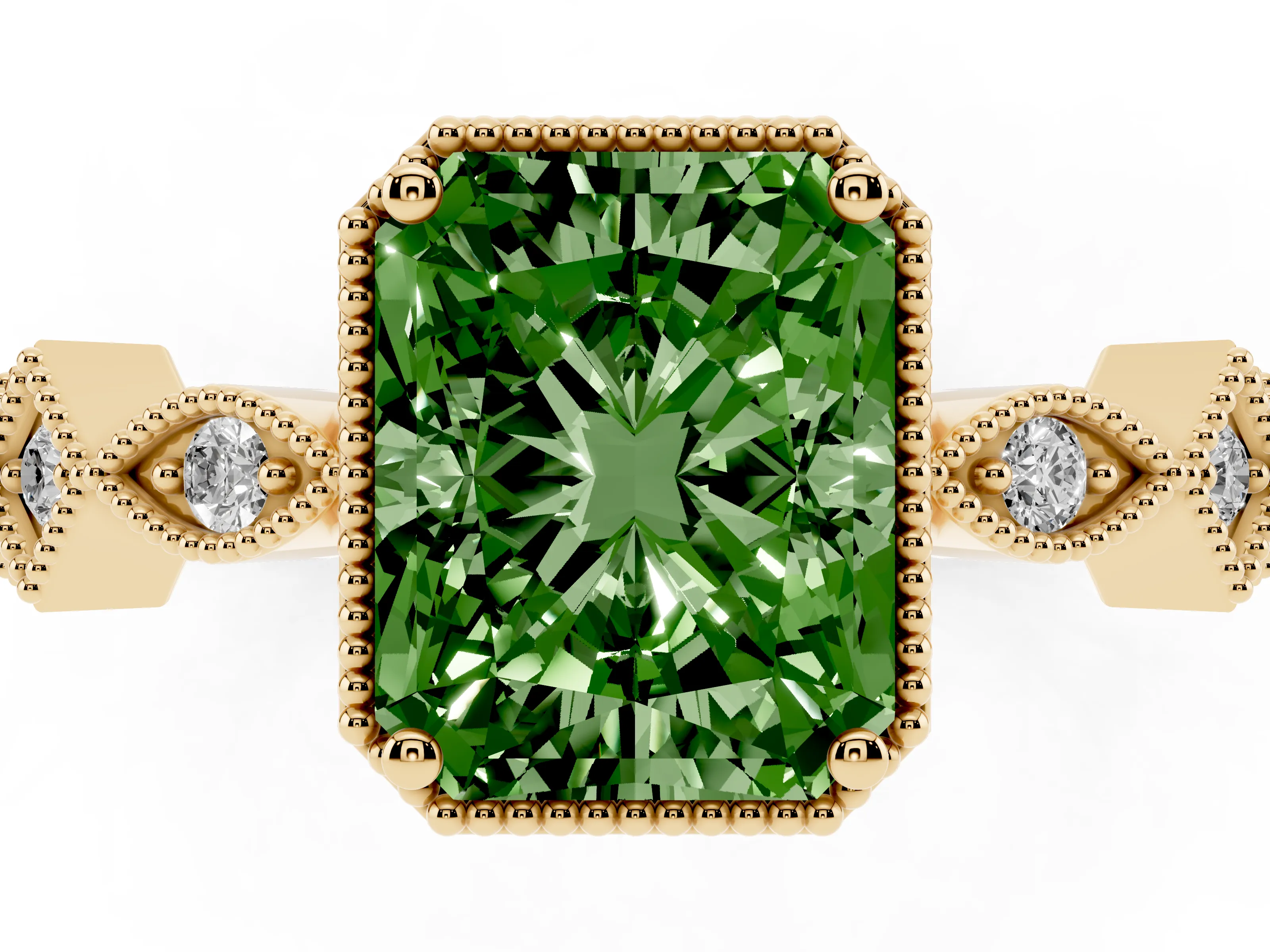 Fancy Green Radiant Cut Diamond Milgrain Marquise Twist Band Ring Set in Yellow gold with Prong Setting